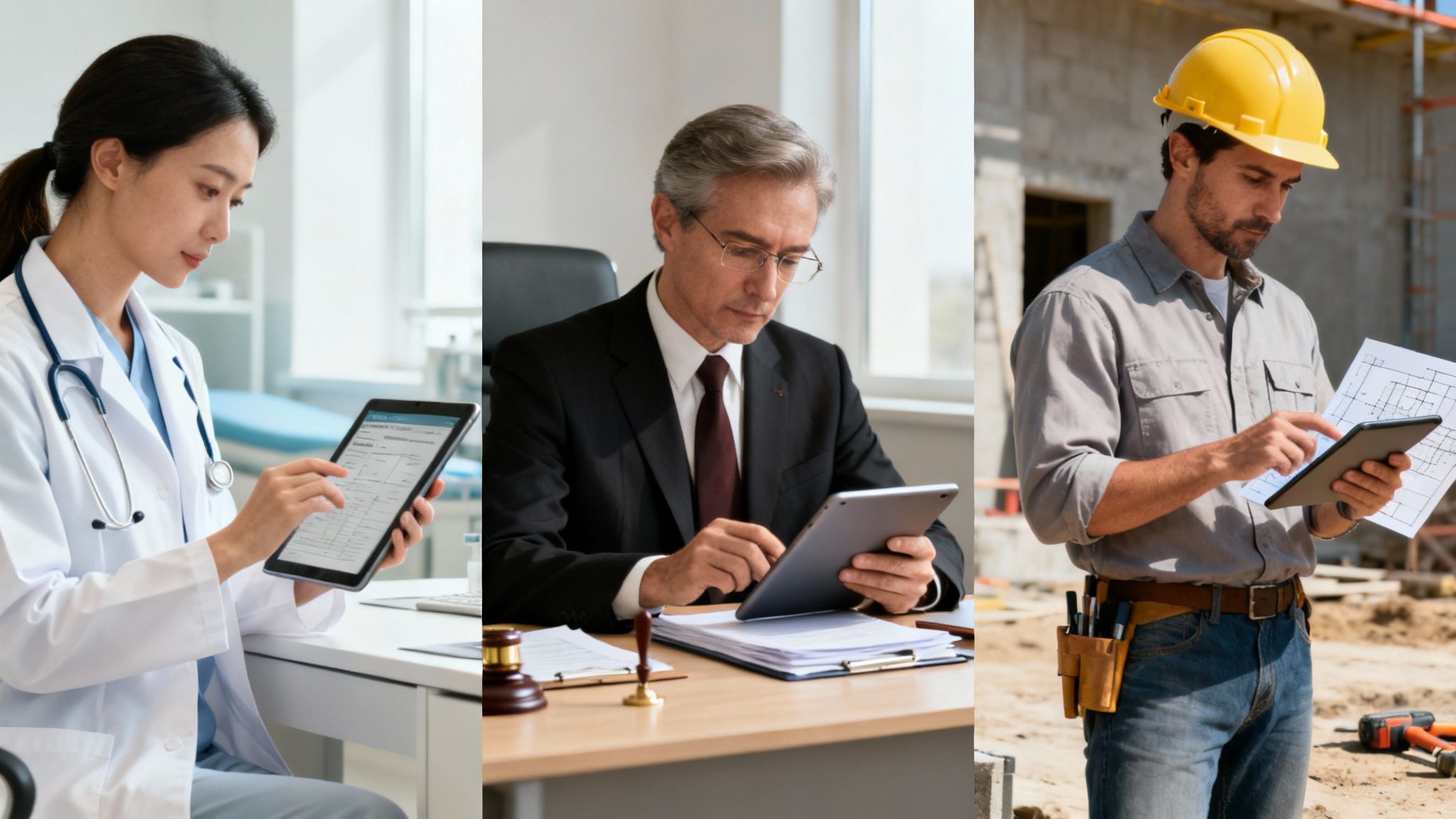 Three professionals: a doctor, a lawyer, and a construction worker, each using a digital tablet.