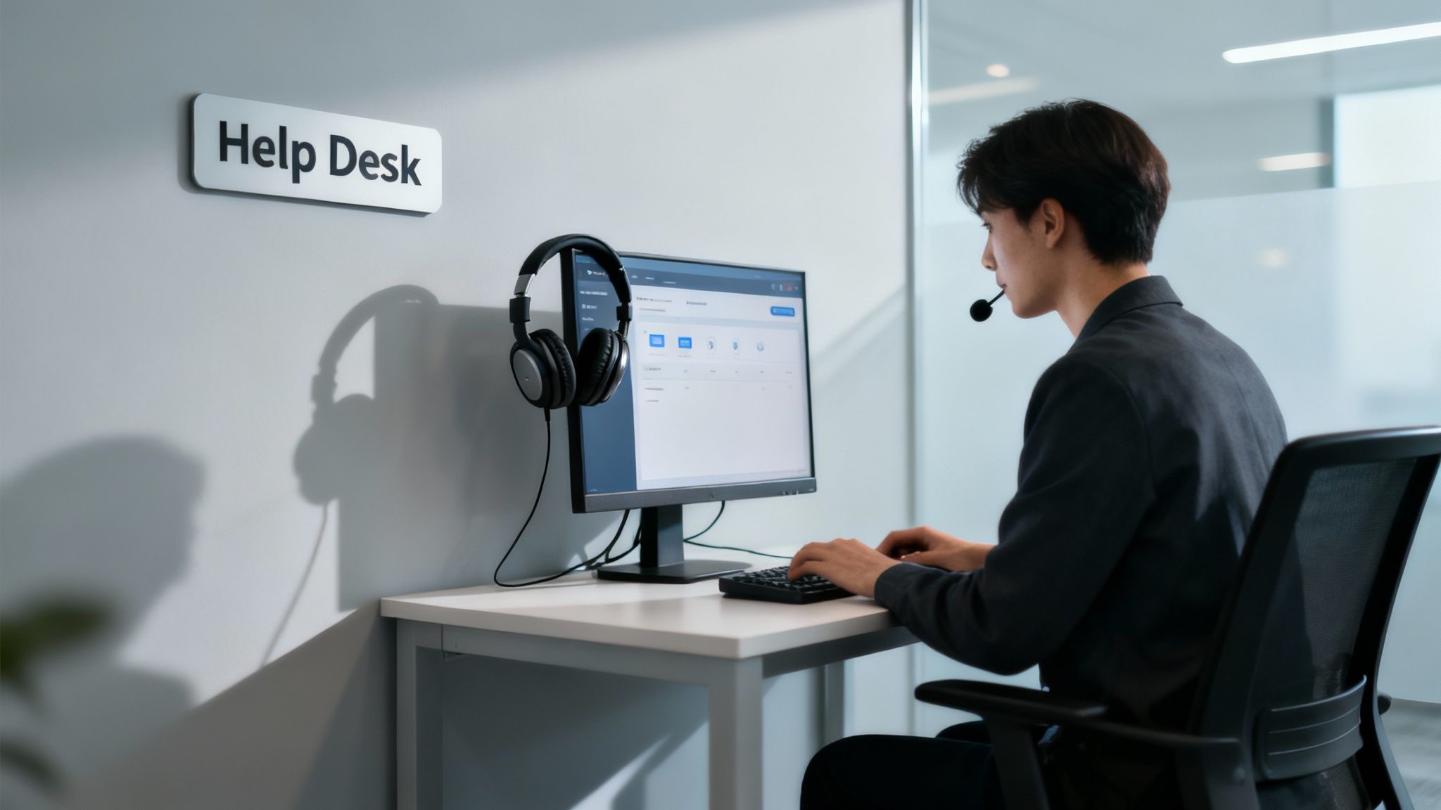 What is Help Desk Support: A Quick Guide to Great Service Help desk support representative wearing headset working at computer providing customer service assistance