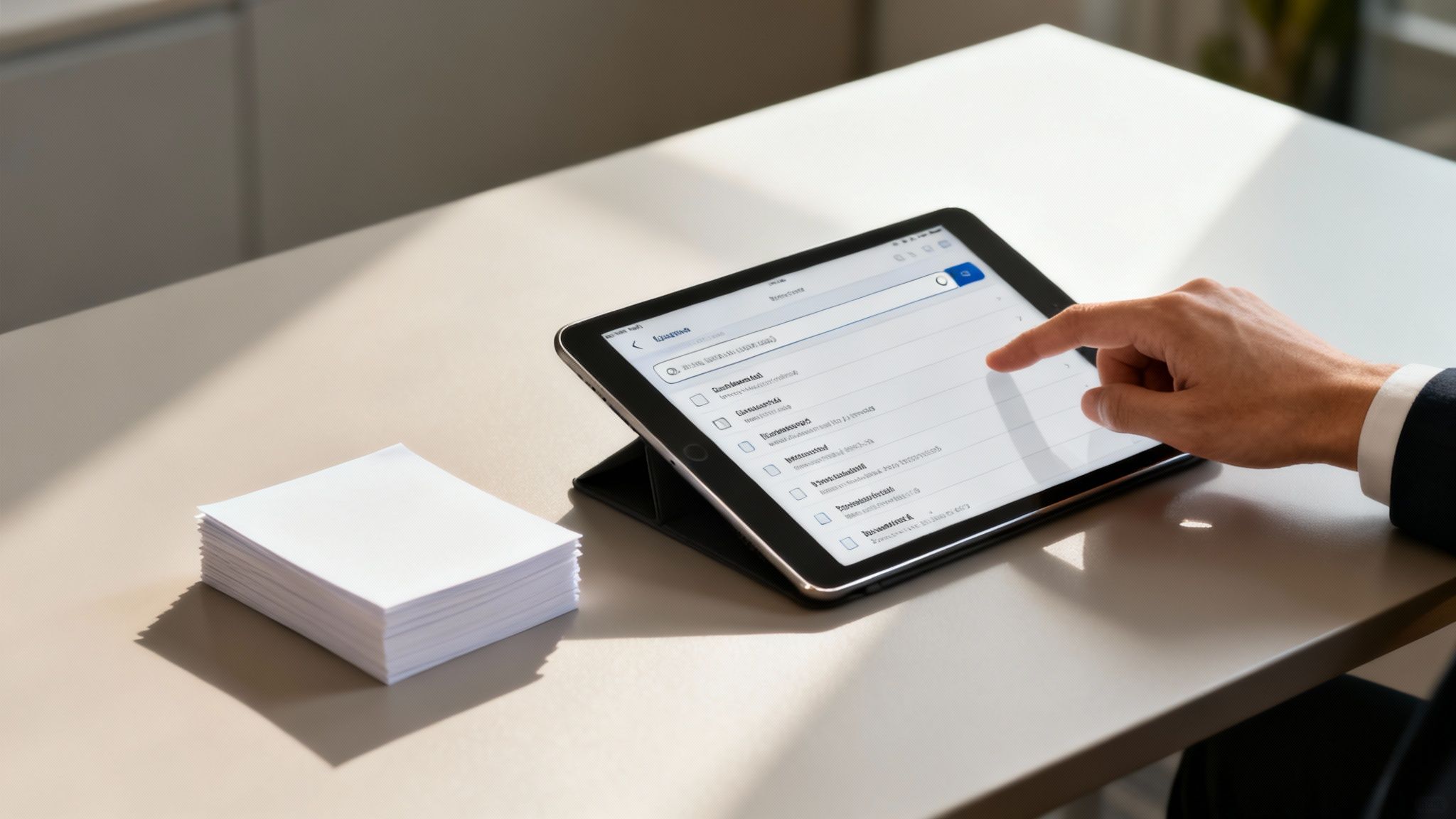 A hand scrolls through a document management application on a tablet next to a stack of papers, suggesting digitization.