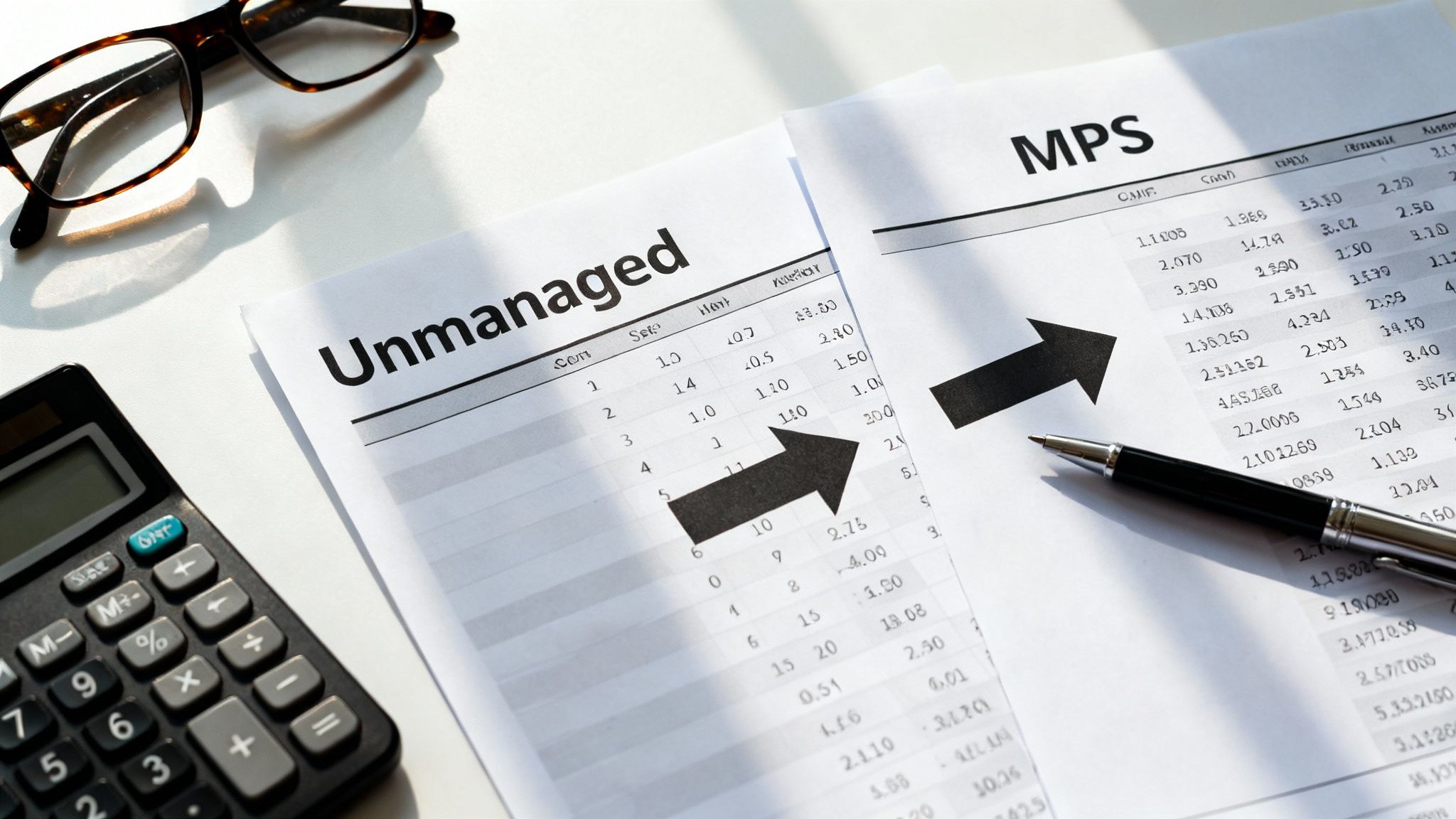 Understanding Managed Print Services Cost 11 Documents comparing unmanaged services to MPS with financial data, a calculator, glasses, and a pen.