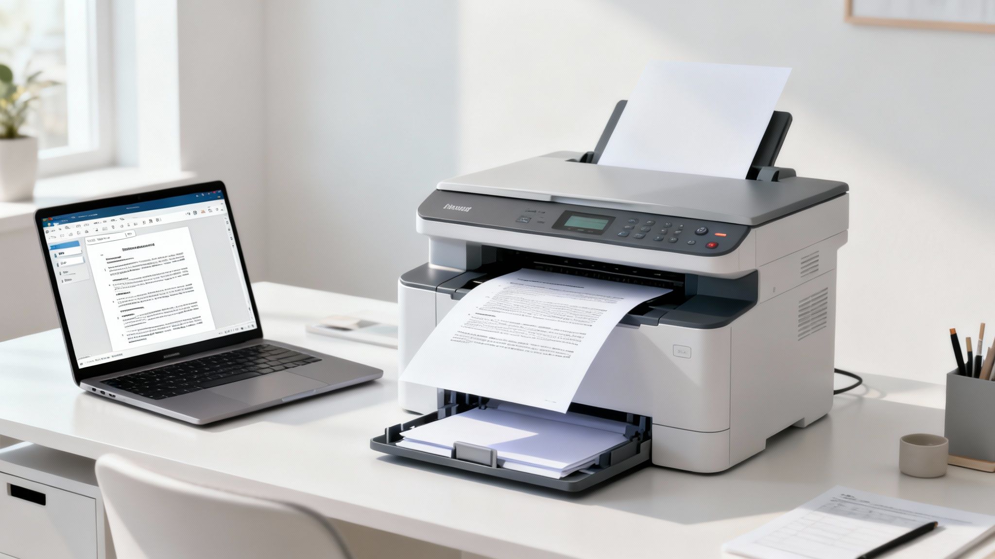 Modern office setup with a laptop and a printer actively printing documents on a white desk.