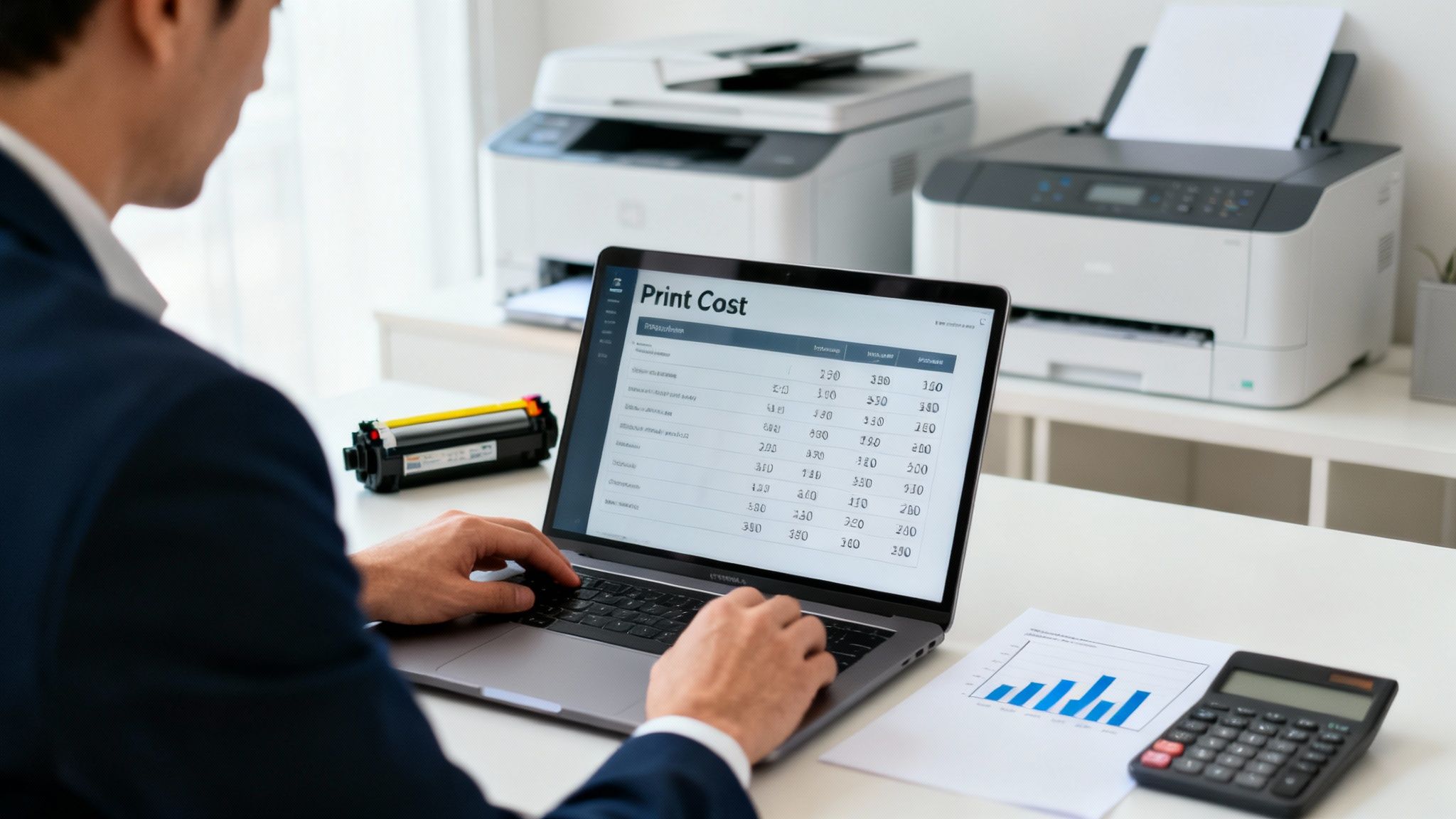 Understanding Managed Print Services Cost 9 Man analyzing print costs on laptop with office printers and a toner cartridge on desk.