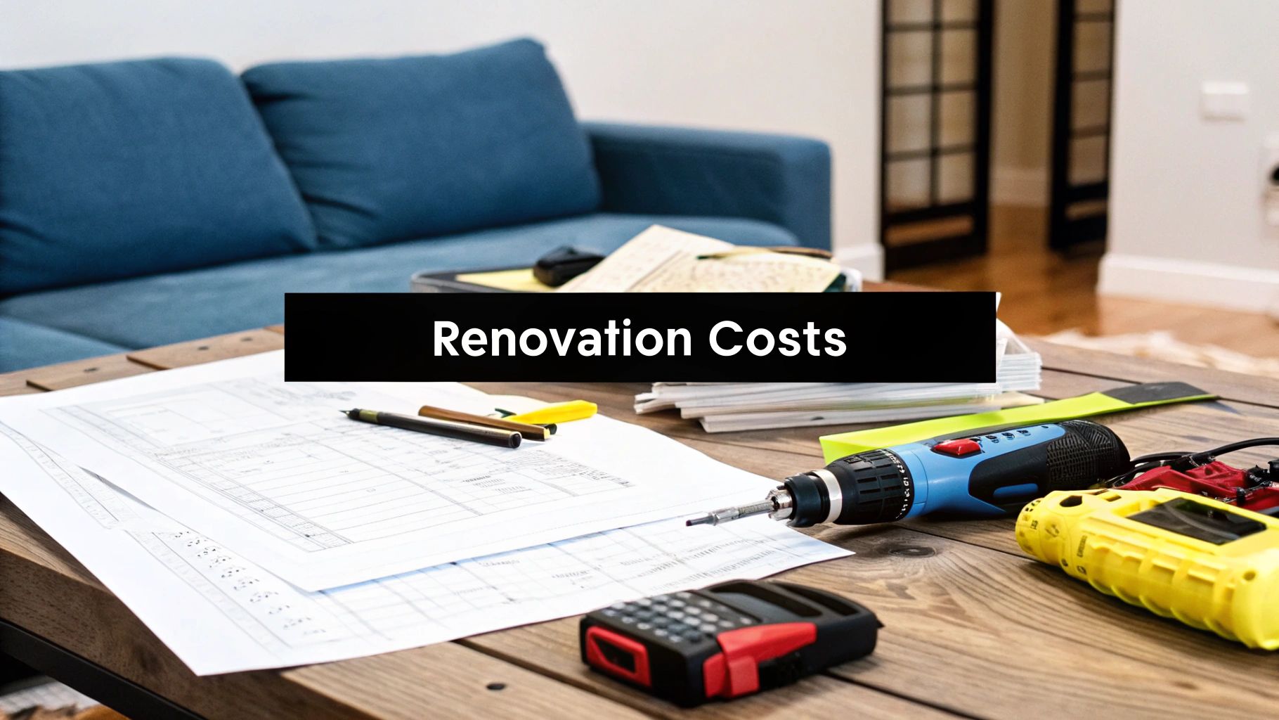 A wooden table displaying renovation plans, a calculator, a screwdriver, and pens, with a blue sofa in the background and a text overlay 'Renovation Costs'.