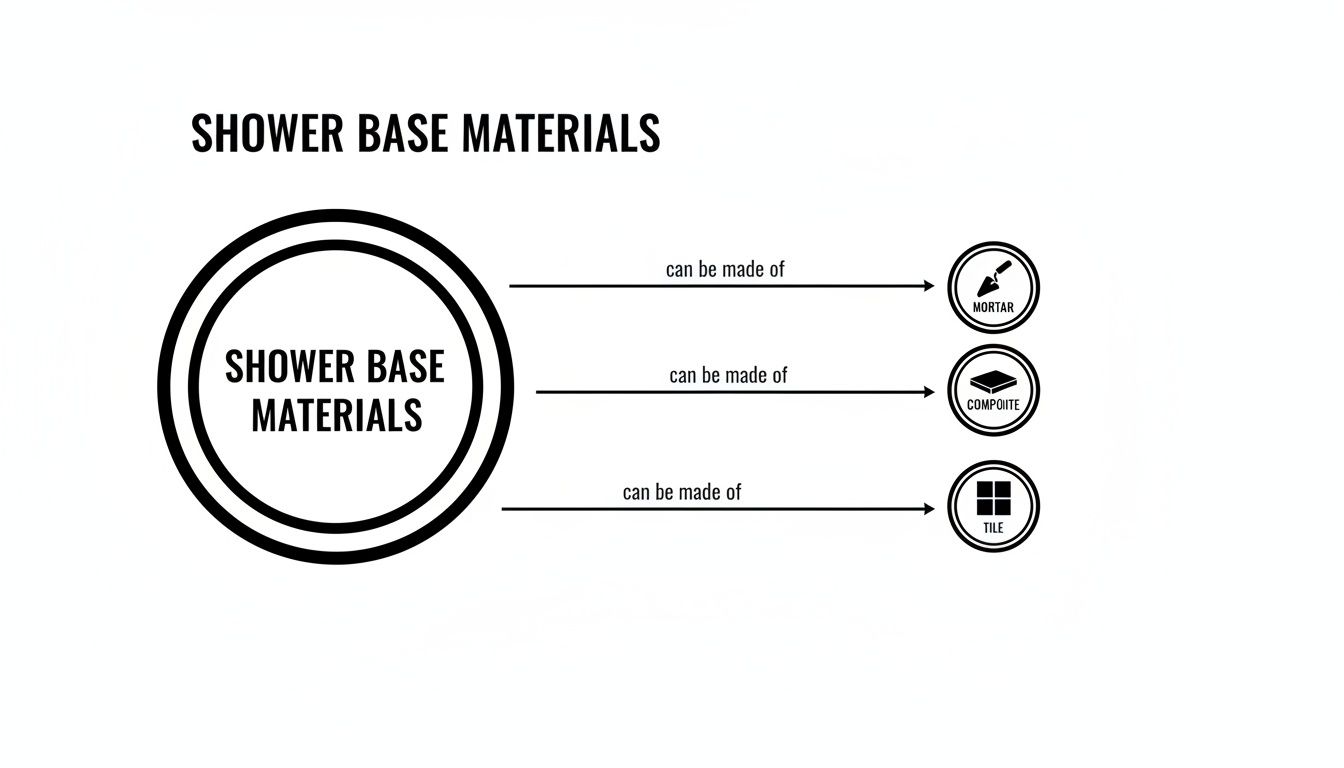 Diagram illustrating shower base materials and their options: mortar, composite, and tile.
