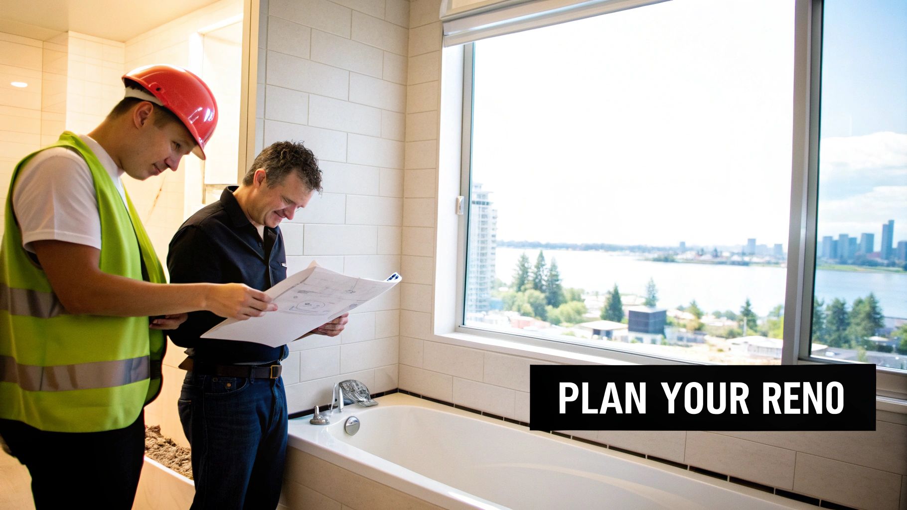 Two men, a contractor and a homeowner, review renovation plans in a modern bathroom with a city and water view.