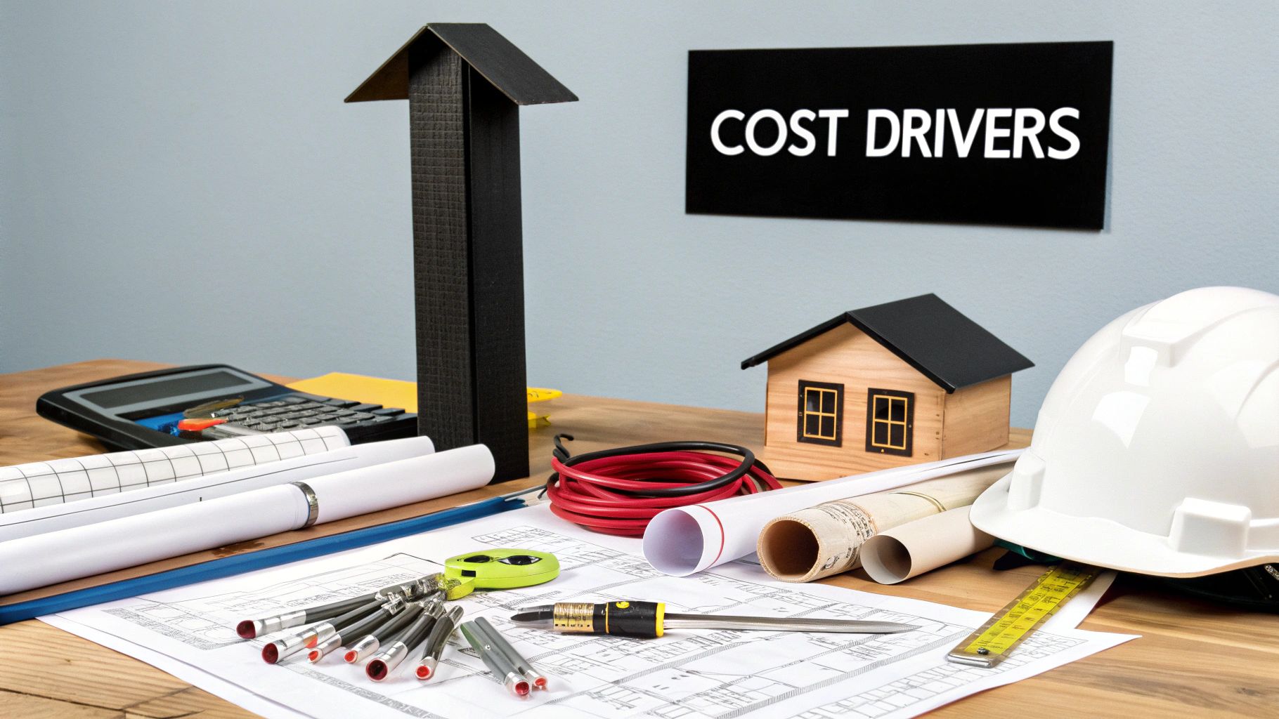 Construction tools, blueprints, a house model, and a 'COST DRIVERS' sign on a desk, symbolizing rising costs.