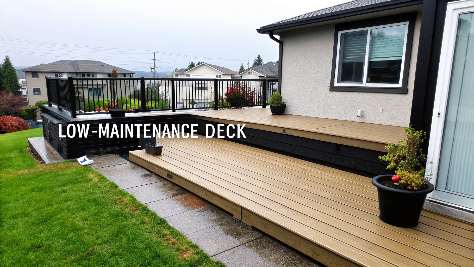 A modern multi-level low-maintenance composite deck with black railing and siding leading to a green lawn.