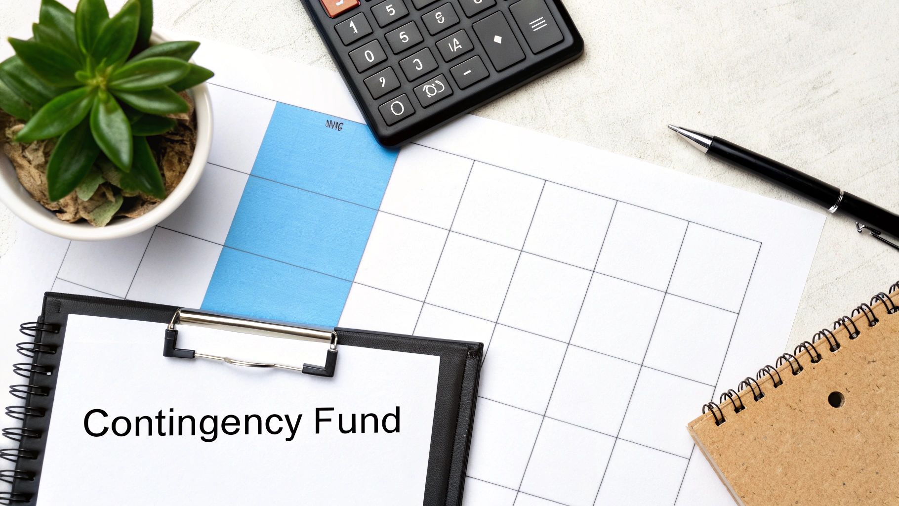 A flat lay shows a clipboard with 'Contingency Fund' text, a calculator, pen, and calendar on a desk, representing financial planning.