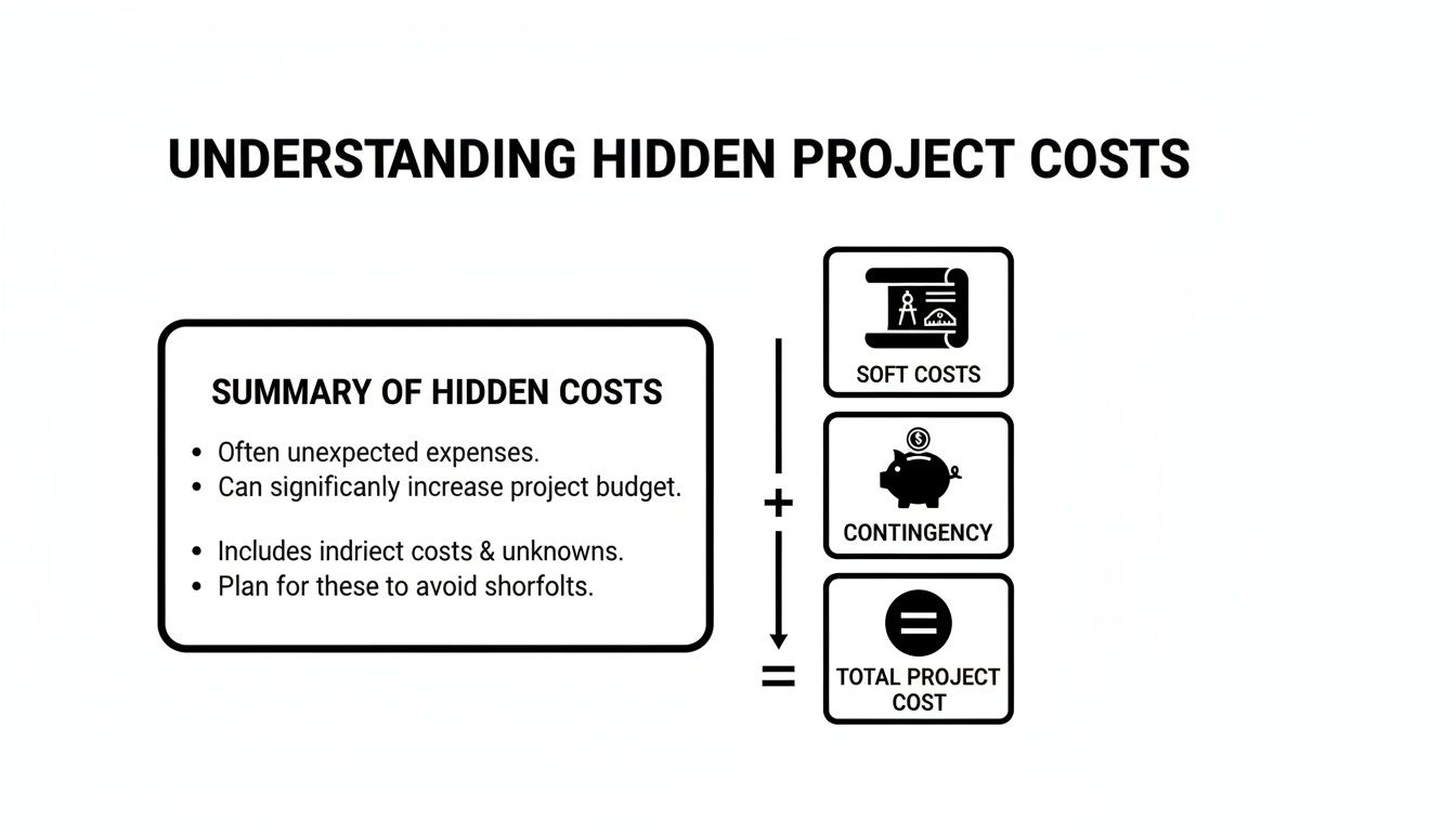 Diagram explaining hidden project costs, including soft costs and contingency, contribute to total project cost.