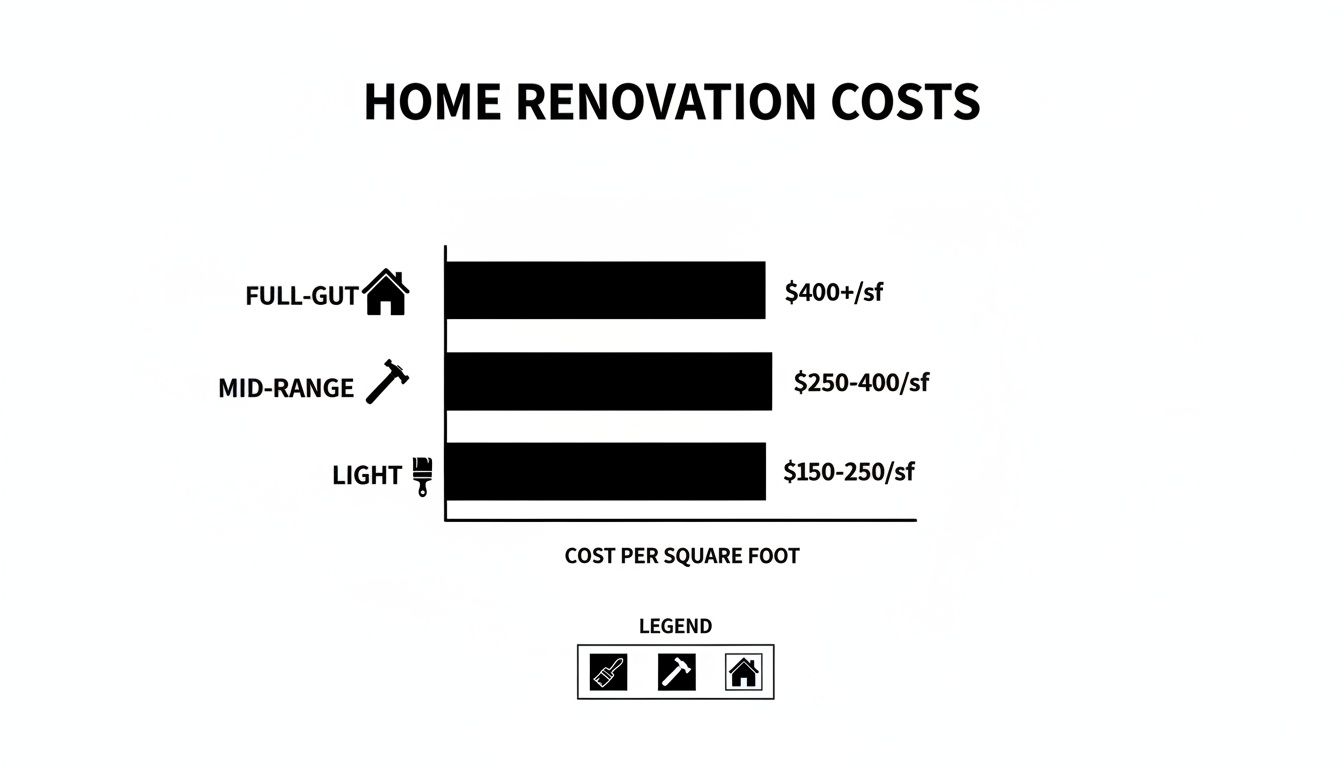 Bar chart displaying estimated home renovation costs per square foot for different project types.