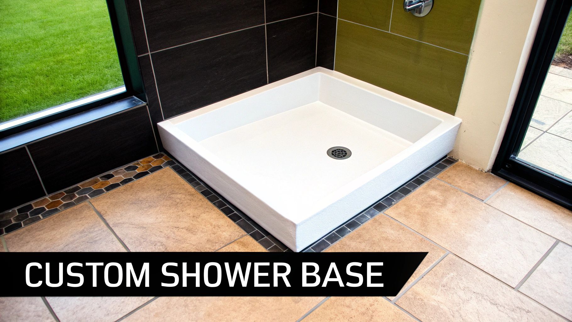 A modern bathroom features a white custom shower base, black and green tiles, and a window.