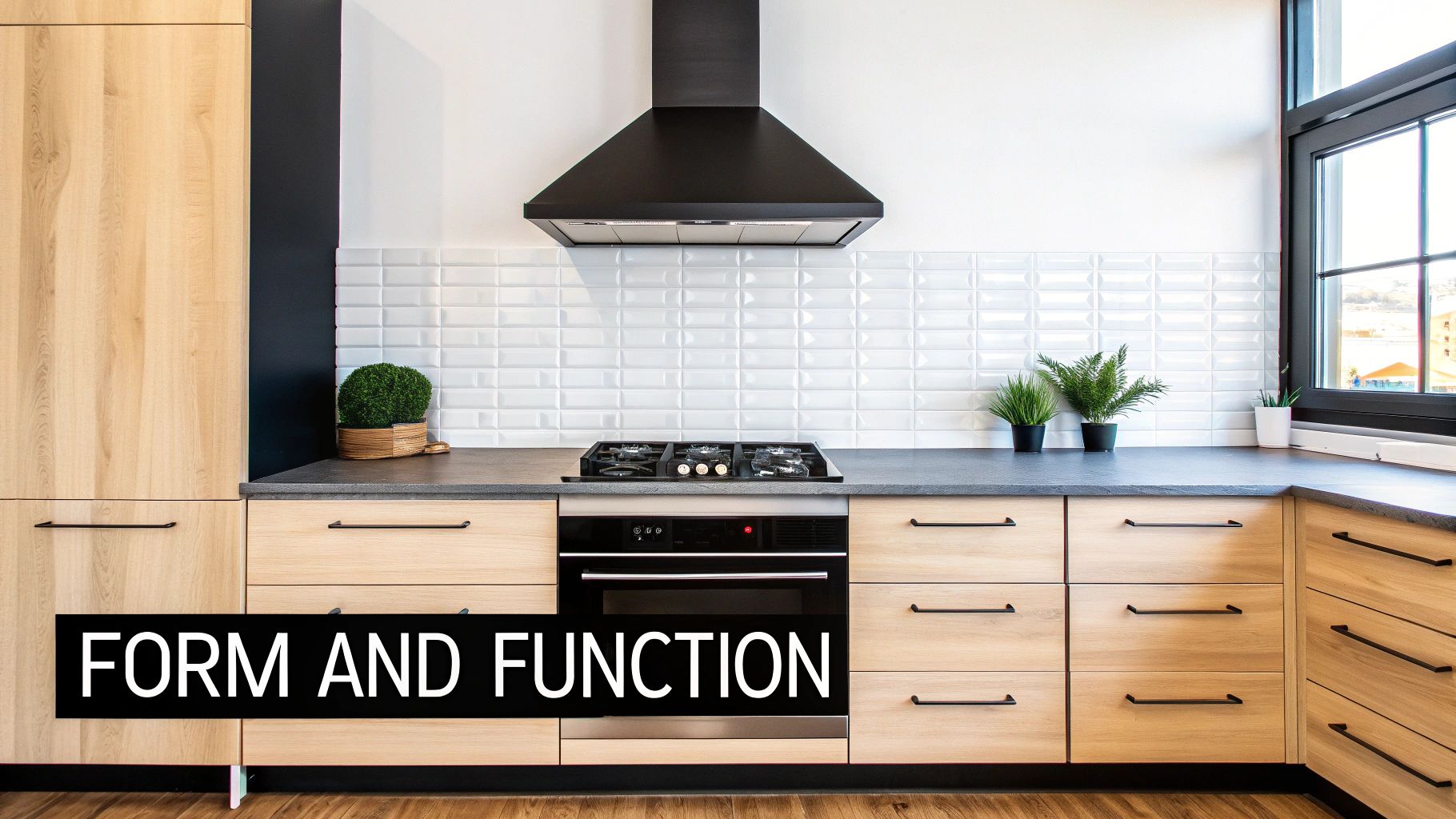 A sleek modern kitchen with light wood cabinets, dark countertops, black range hood, and white tiled backsplash.