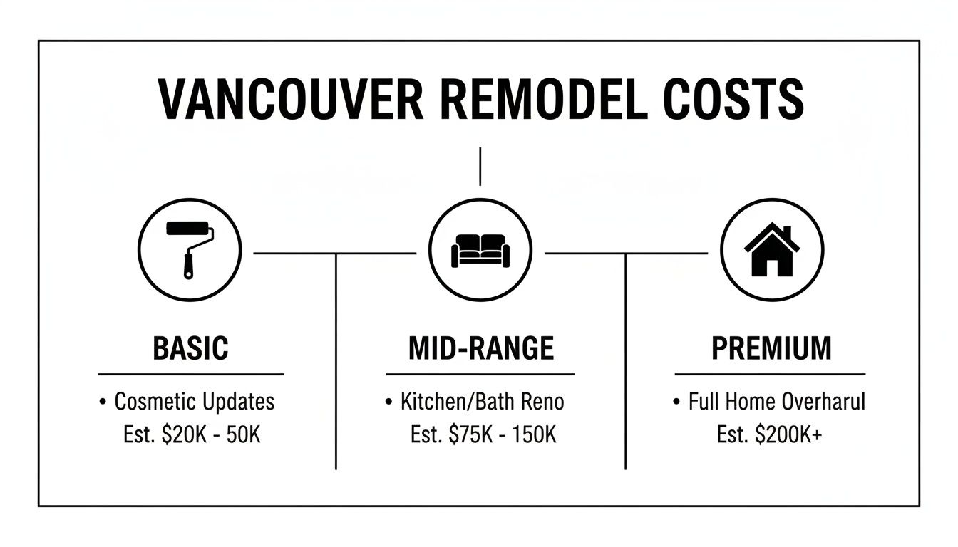 An infographic detailing Vancouver remodel costs, broken down into basic, mid-range, and premium renovation categories.