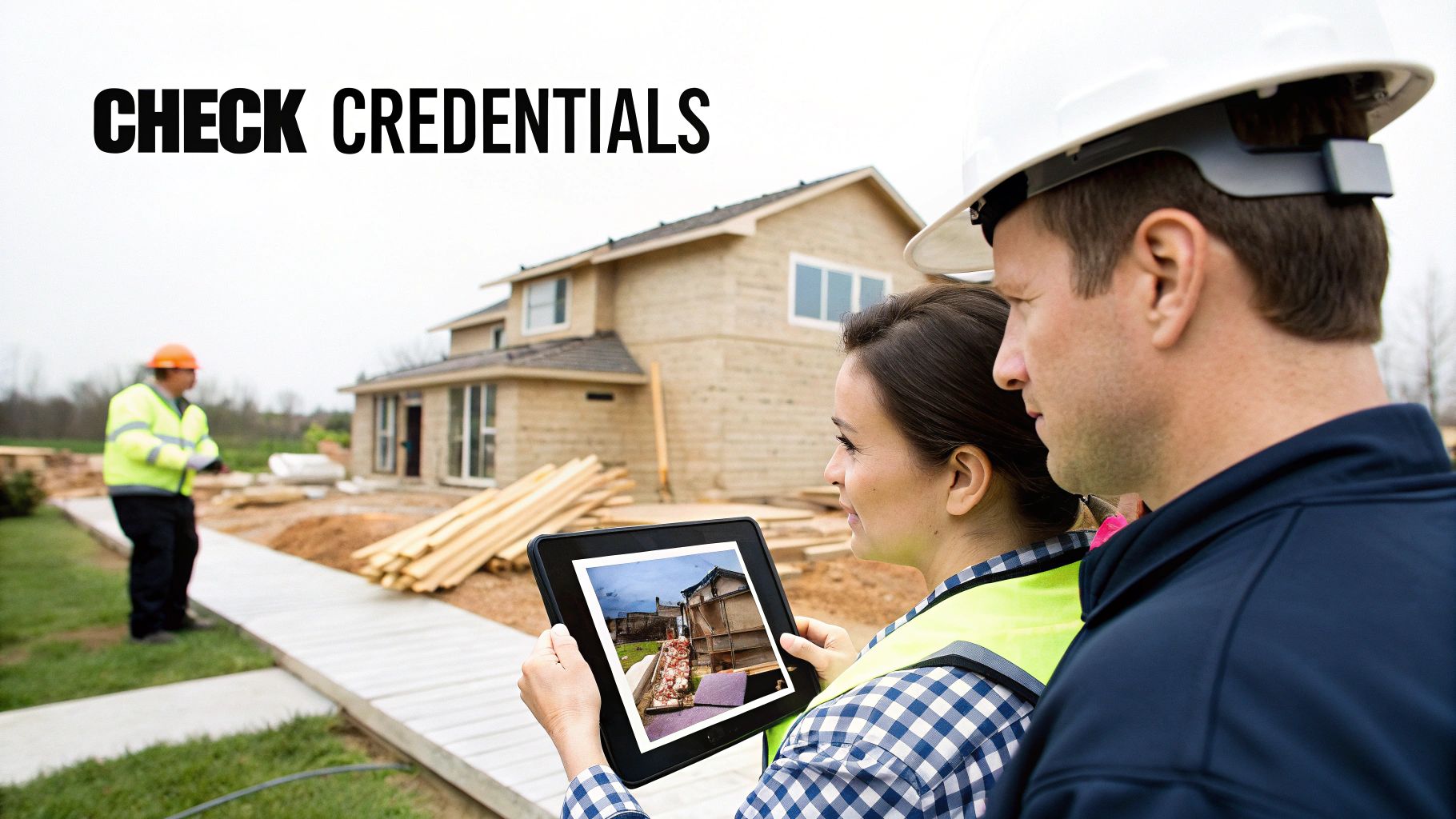 Construction professionals check credentials on a tablet while inspecting a new home build site.