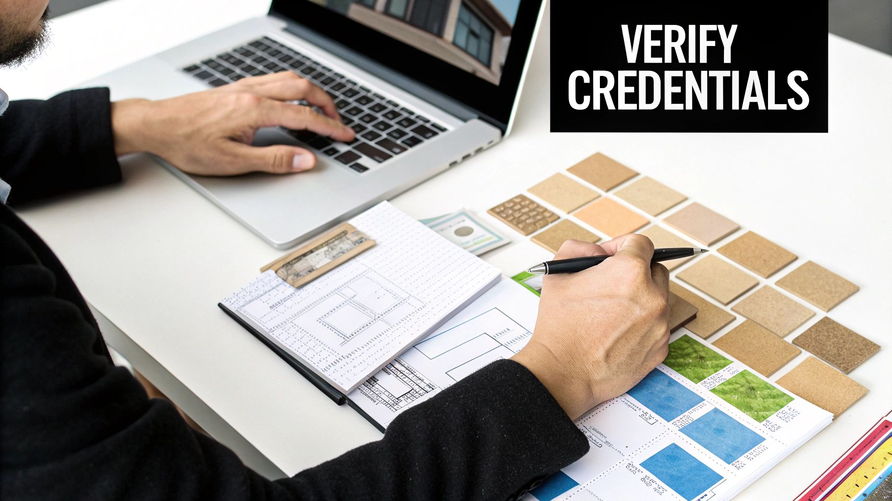 A person works at a desk, typing on a laptop and writing on documents with design samples.