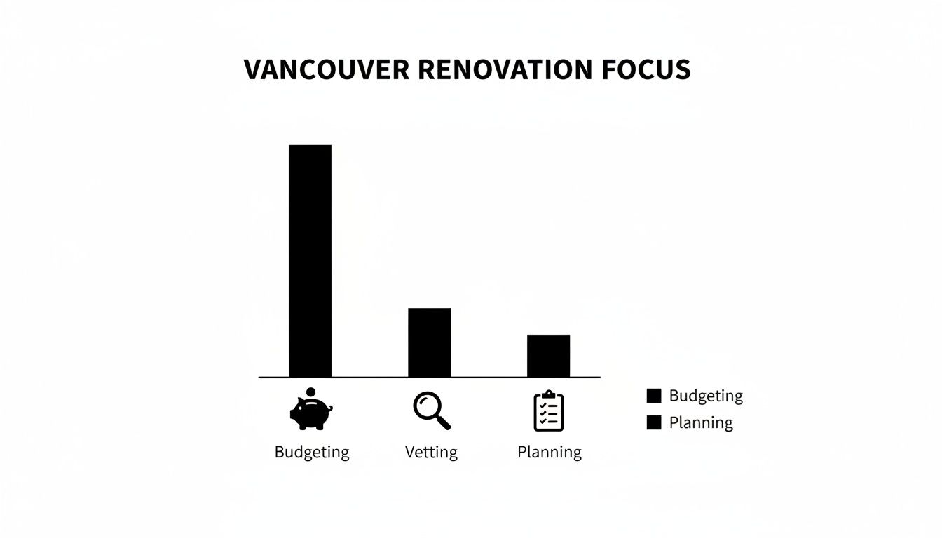 Bar chart titled 'Vancouver Renovation Focus' showing budgeting as the top concern, followed by vetting and planning.
