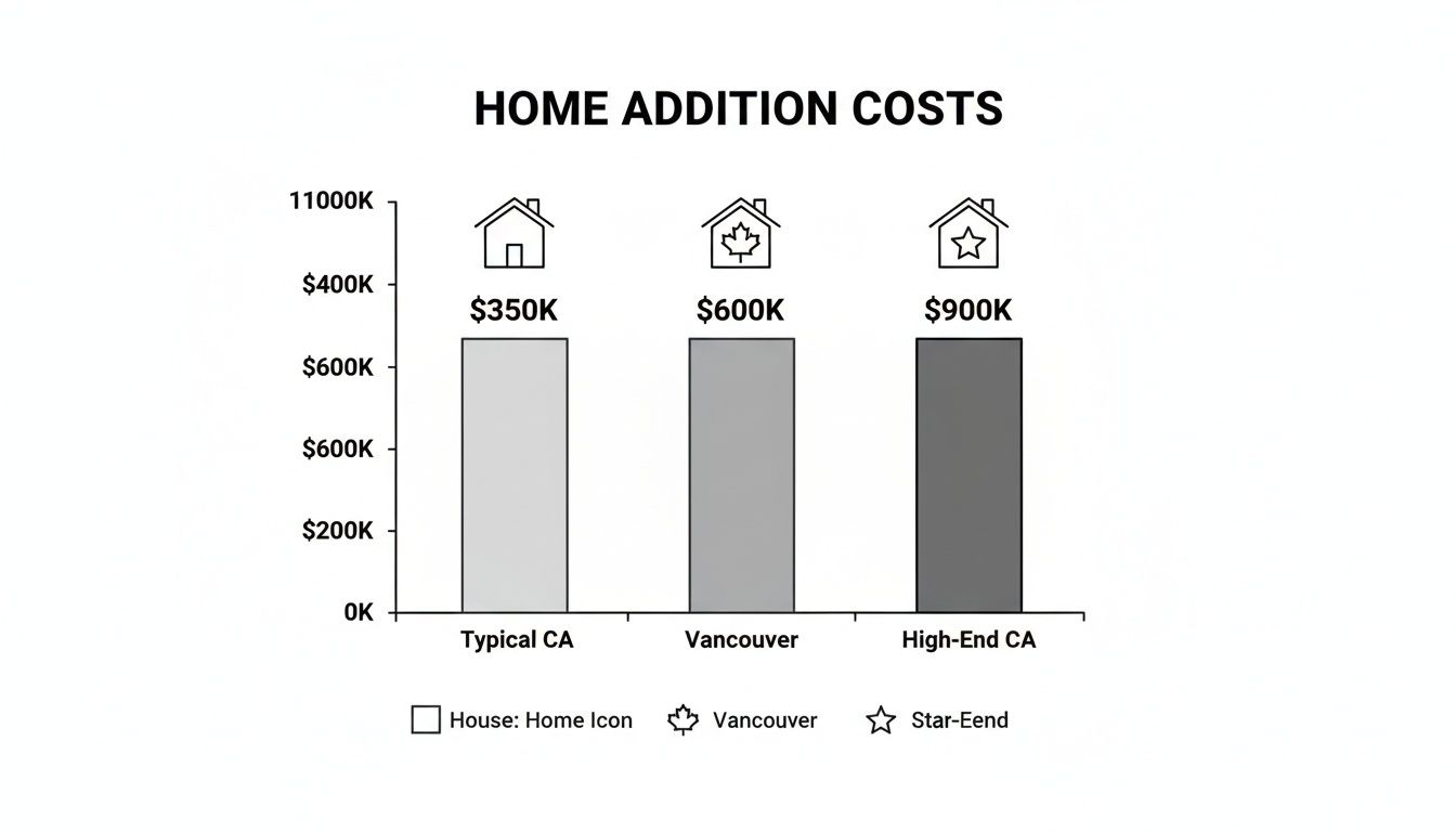 Bar chart illustrates home addition costs: Typical CA $350K, Vancouver $600K, and High-End CA $900K.