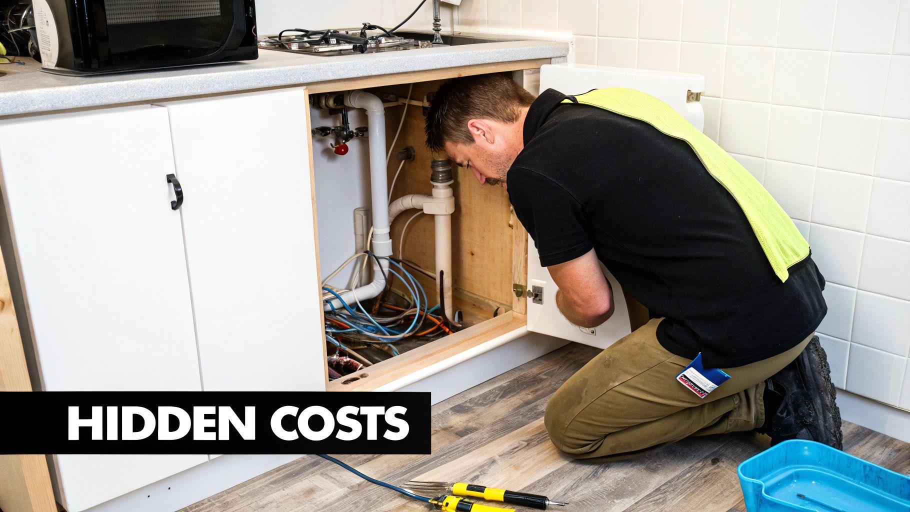 A man fixes complex plumbing and wiring under a kitchen sink, highlighting potential hidden renovation costs.