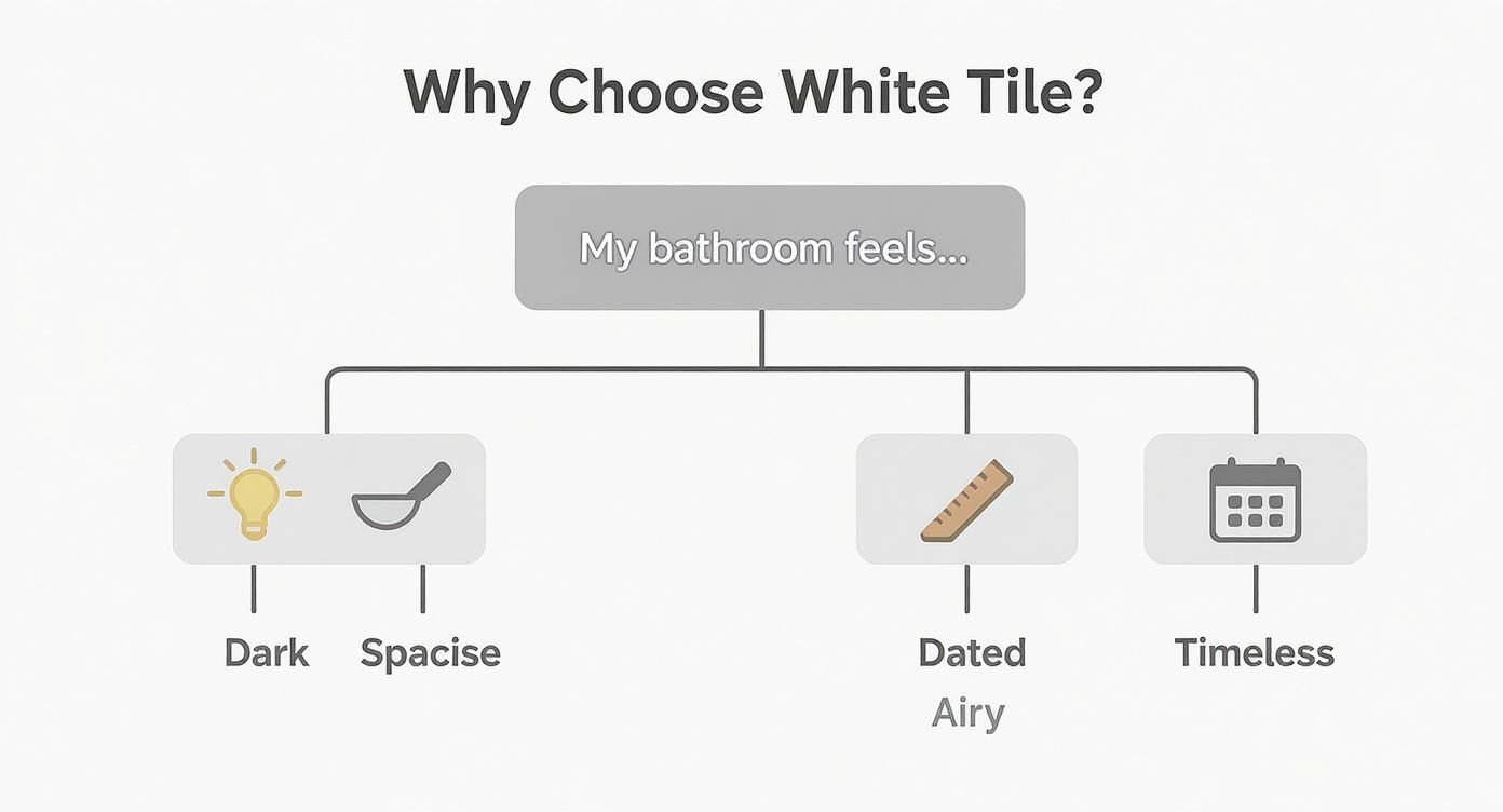 Flowchart showing reasons to choose white tile for bathrooms including dark, spacious, dated, airy, and timeless qualities