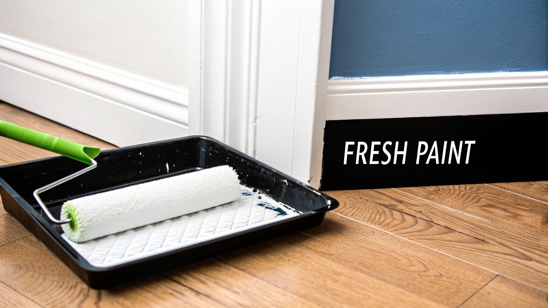 Paint roller and tray with white paint on hardwood floor beside fresh paint sign