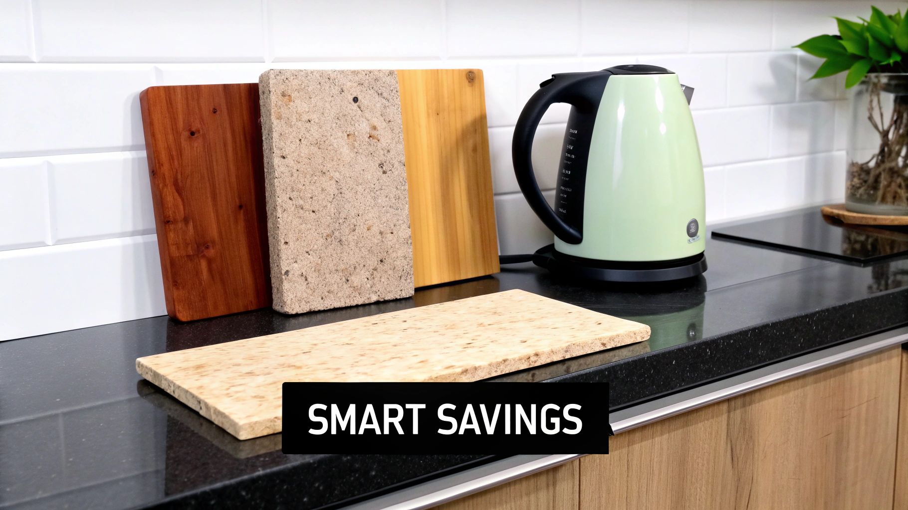 Modern kitchen with black countertop, white subway tile backsplash, and three cutting boards by a green kettle.
