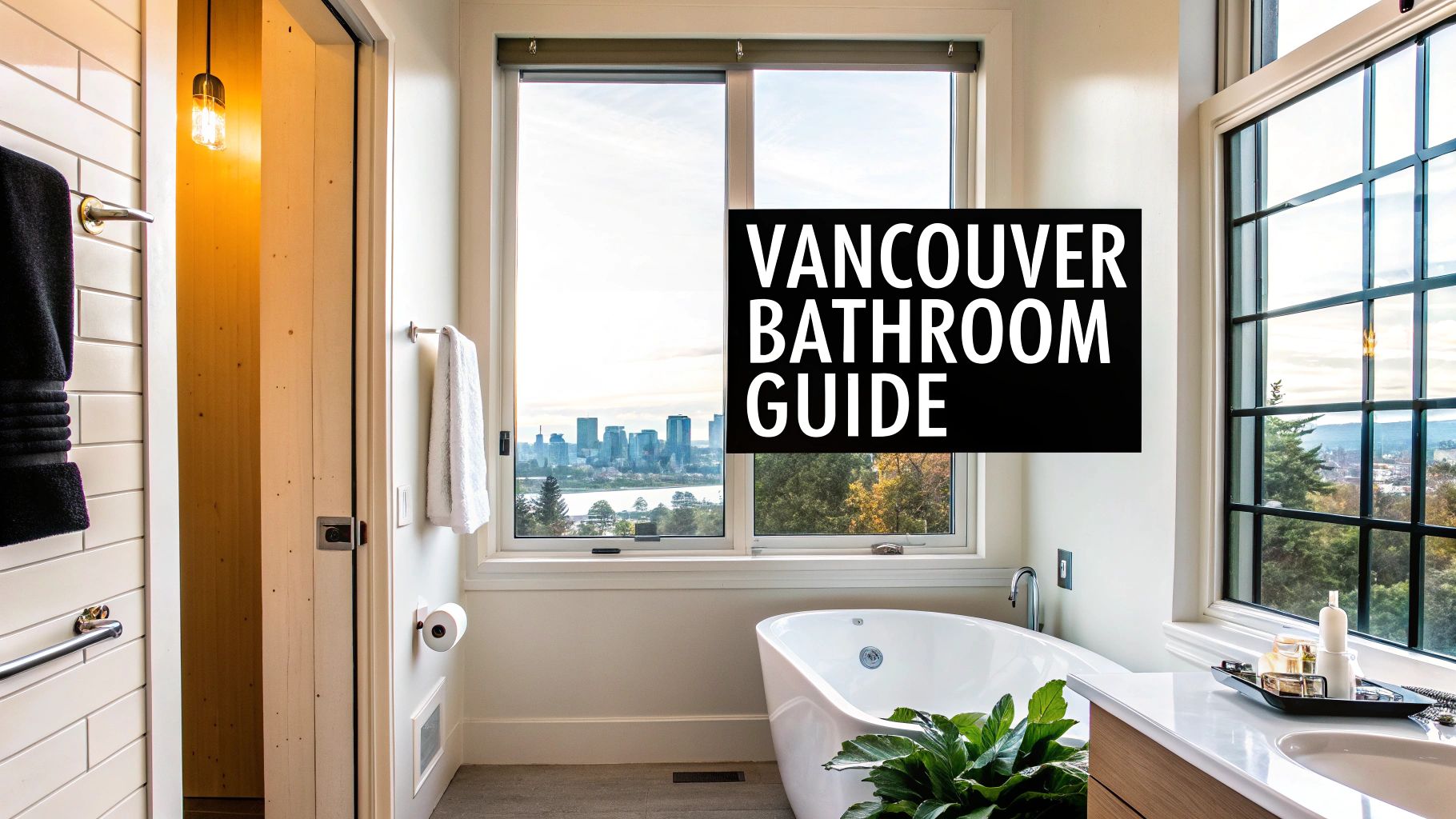 Modern bathroom with a white freestanding tub, large windows, city skyline view, and 'Vancouver Bathroom Guide' overlay.