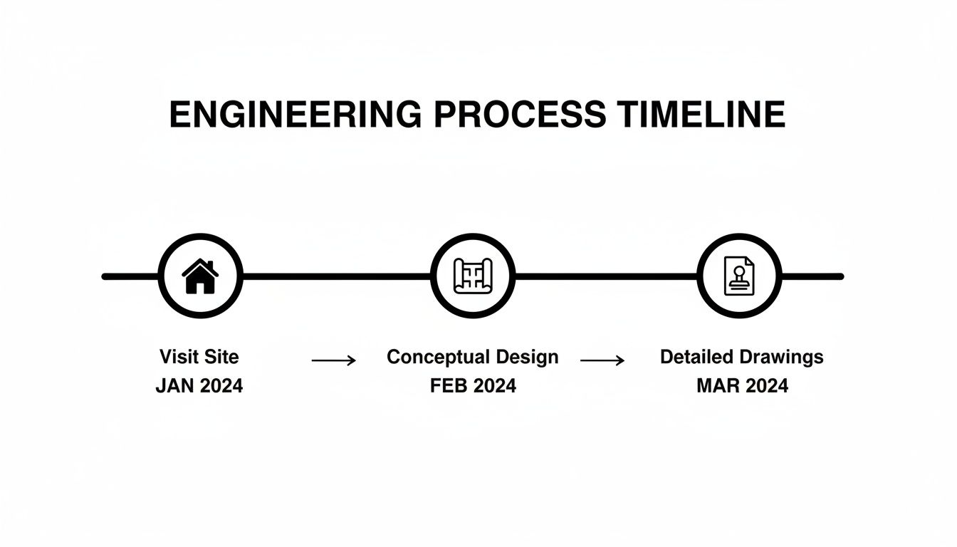 A timeline graphic illustrates the engineering process steps from site visit to detailed drawings across January to March 2024.