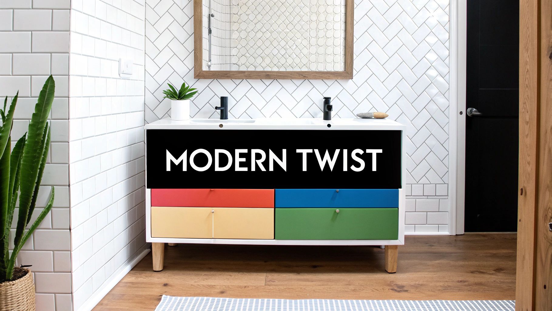 Modern bathroom vanity with colorful drawers and herringbone white tile backsplash featuring double sinks