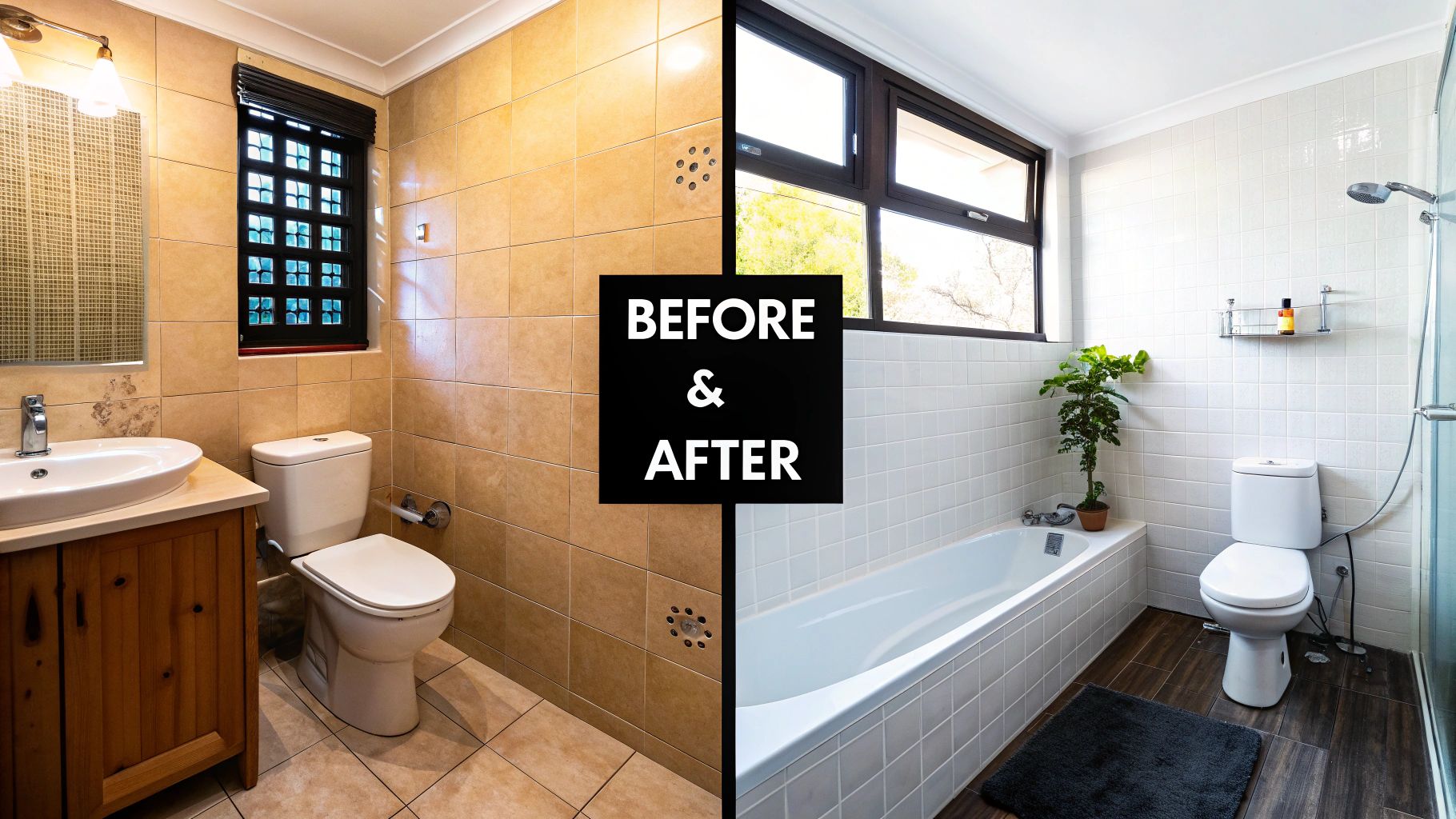 Before and after comparison of a bathroom remodel, showing a dramatic transformation from outdated to modern.