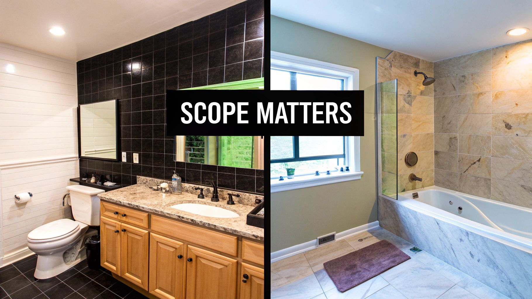 Side-by-side comparison of two distinct bathroom designs, highlighting different renovation scopes.
