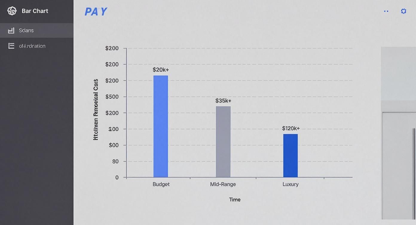 A bar chart displays kitchen renovation costs by category: Budget ($20k+), Mid-Range ($35k+), and Luxury ($120k+).