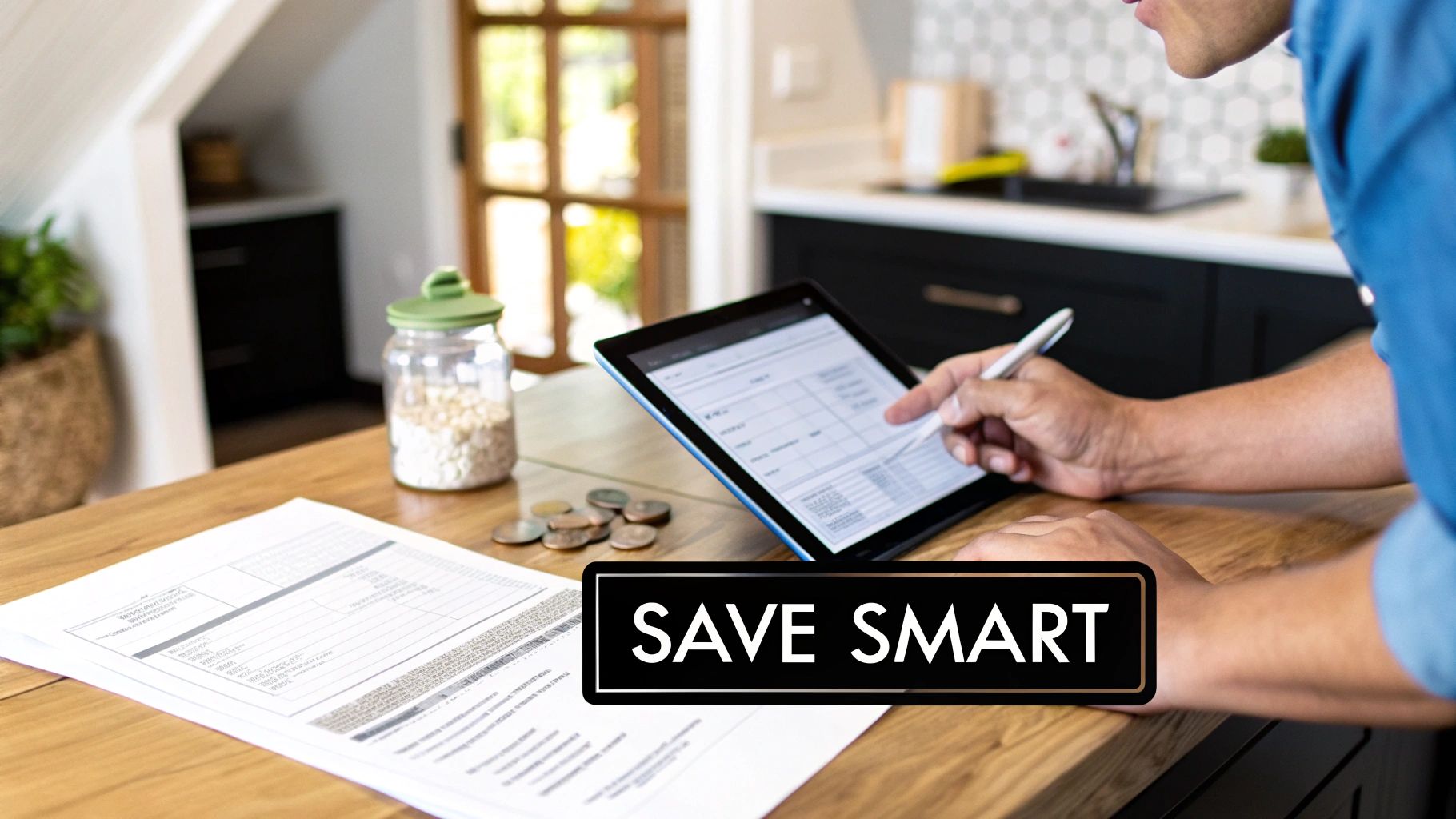 A person uses a stylus on a tablet for budgeting, with papers and coins on a wooden table in a home setting.