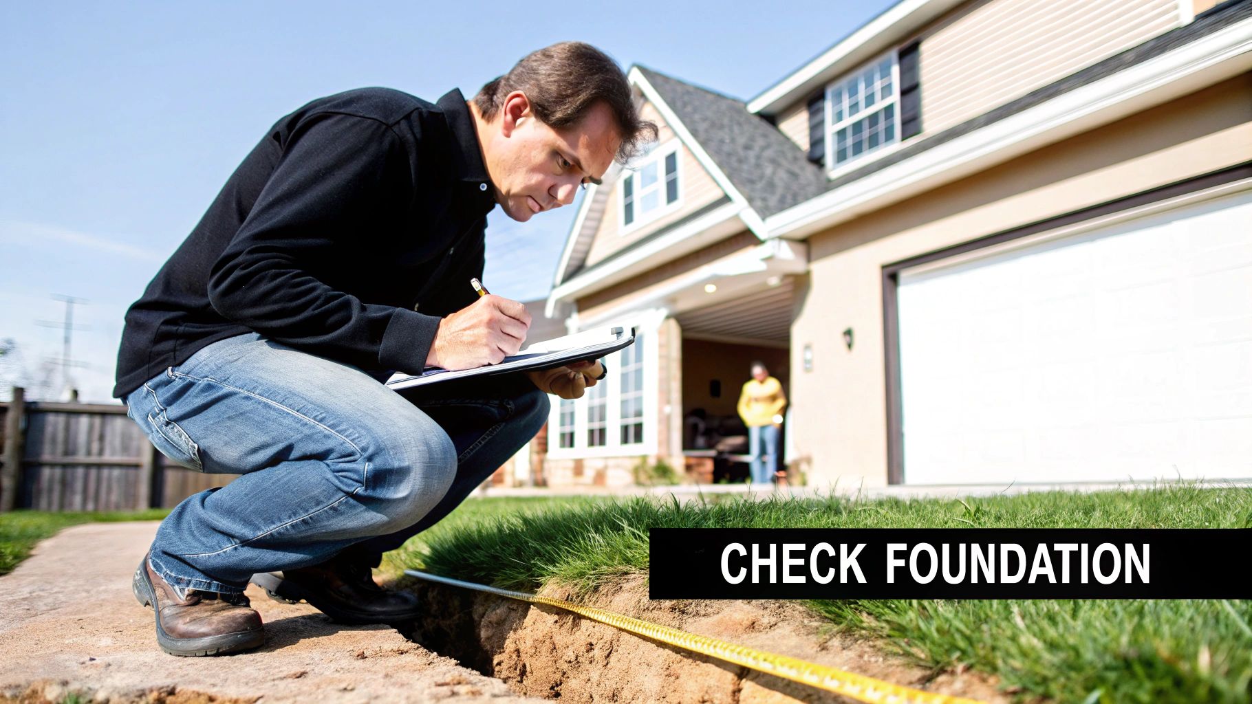 A man in jeans inspects a house foundation, crouching by a measuring tape in a dug trench and writing on a clipboard.