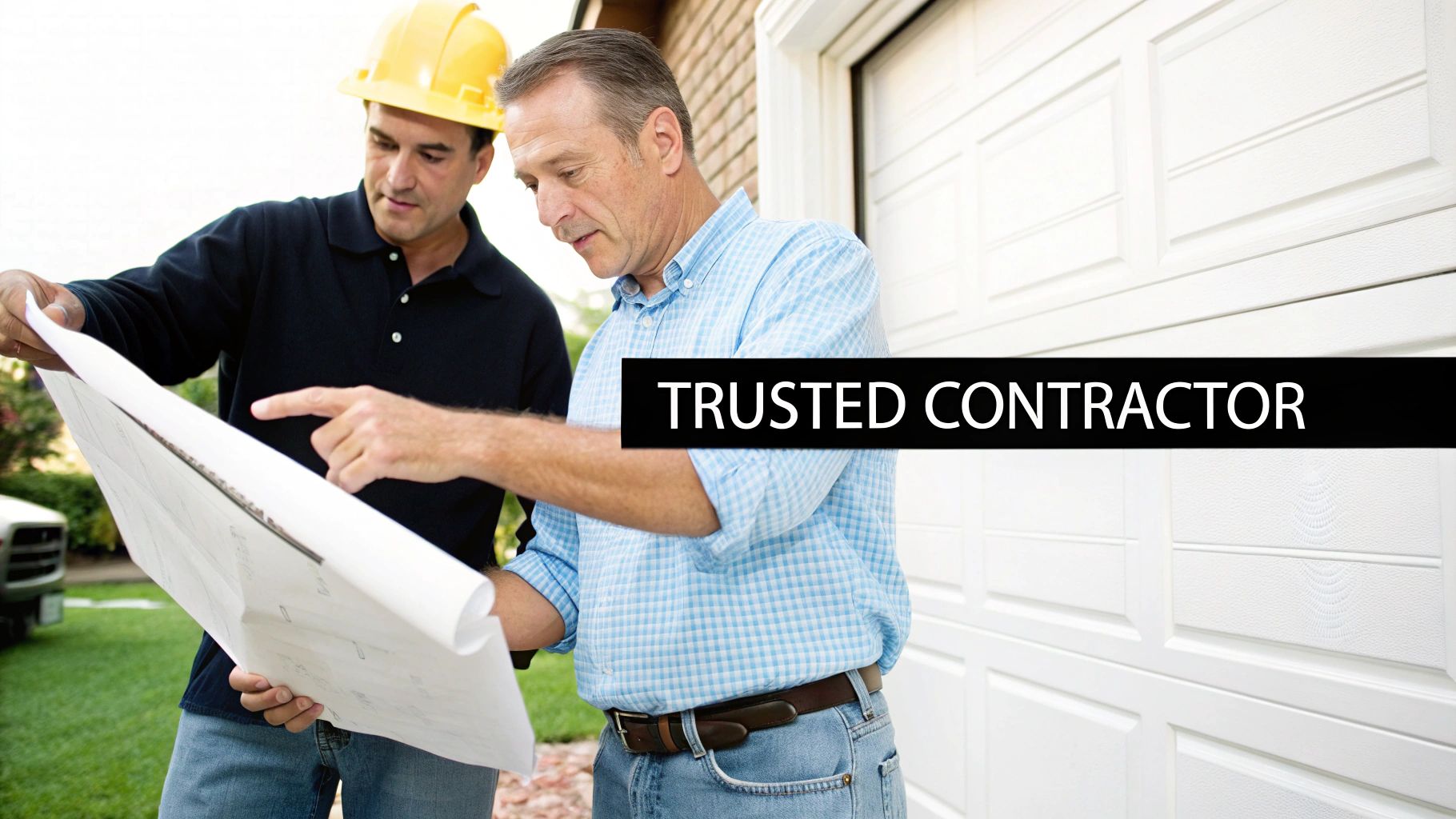 Two contractors review blueprints, discussing renovation plans for a house, with 'TRUSTED CONTRACTOR' text.
