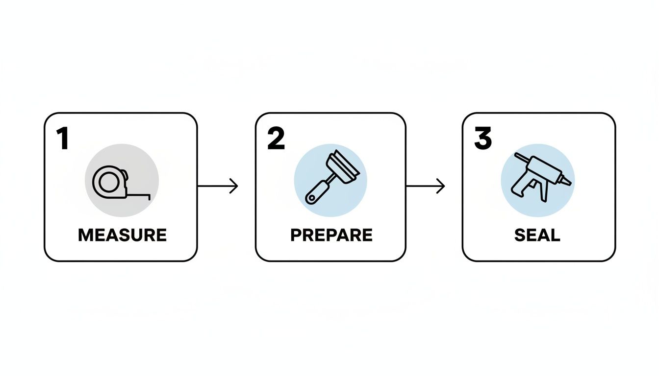 A three-step DIY process for measuring, preparing, and sealing with corresponding tool icons.
