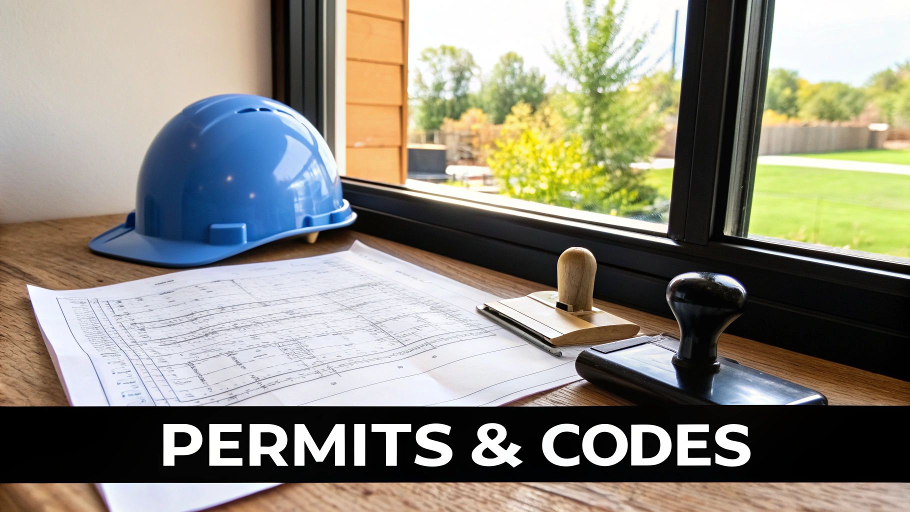 A blue hard hat, architectural plans, and stamps on a wooden desk with a 'Permits & Codes' banner.