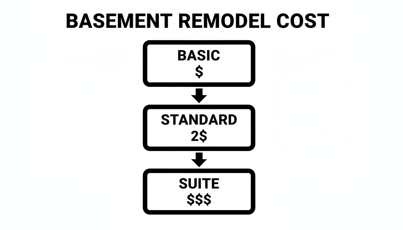 A flowchart diagram illustrating basement remodel cost tiers: Basic ($), Standard (2$), and Suite ($$$).