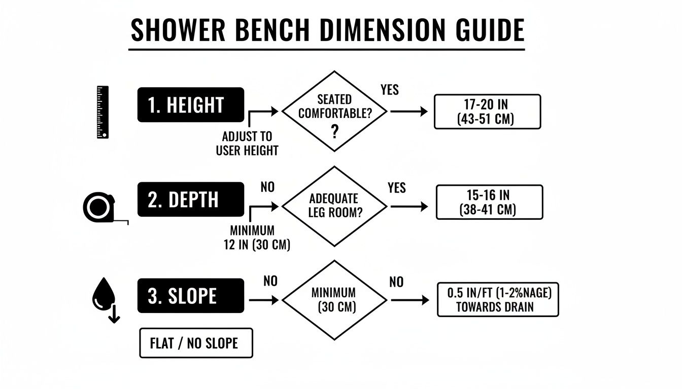 Flowchart providing a shower bench dimension guide for height, depth, and slope recommendations.