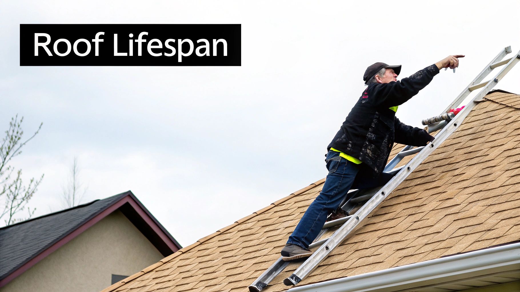 A roofer climbs a ladder onto a house with brown shingles, next to a 'Roof Lifespan' text box.