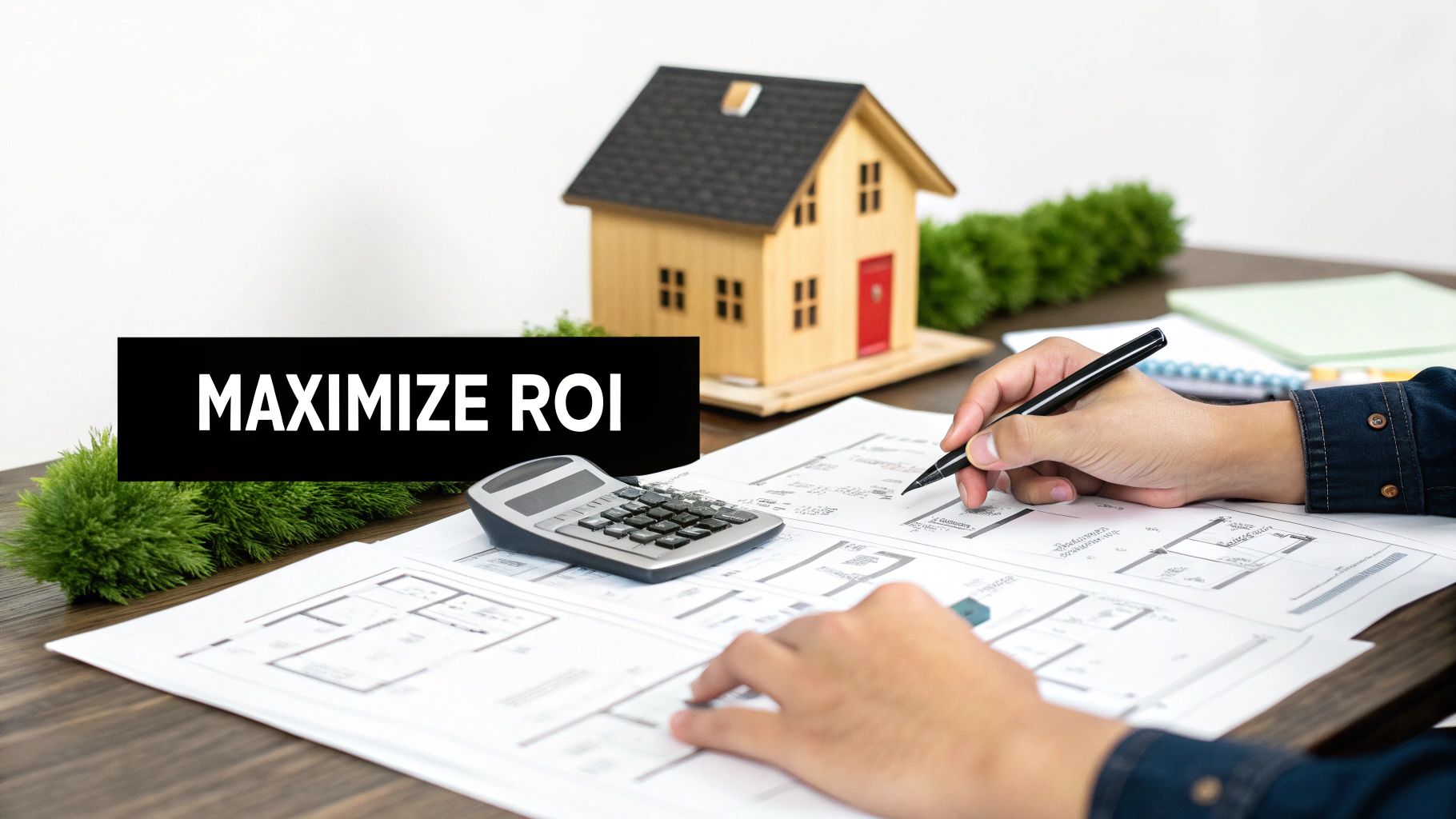 A person calculates finances on architectural plans, aiming to maximize return on investment for a house.