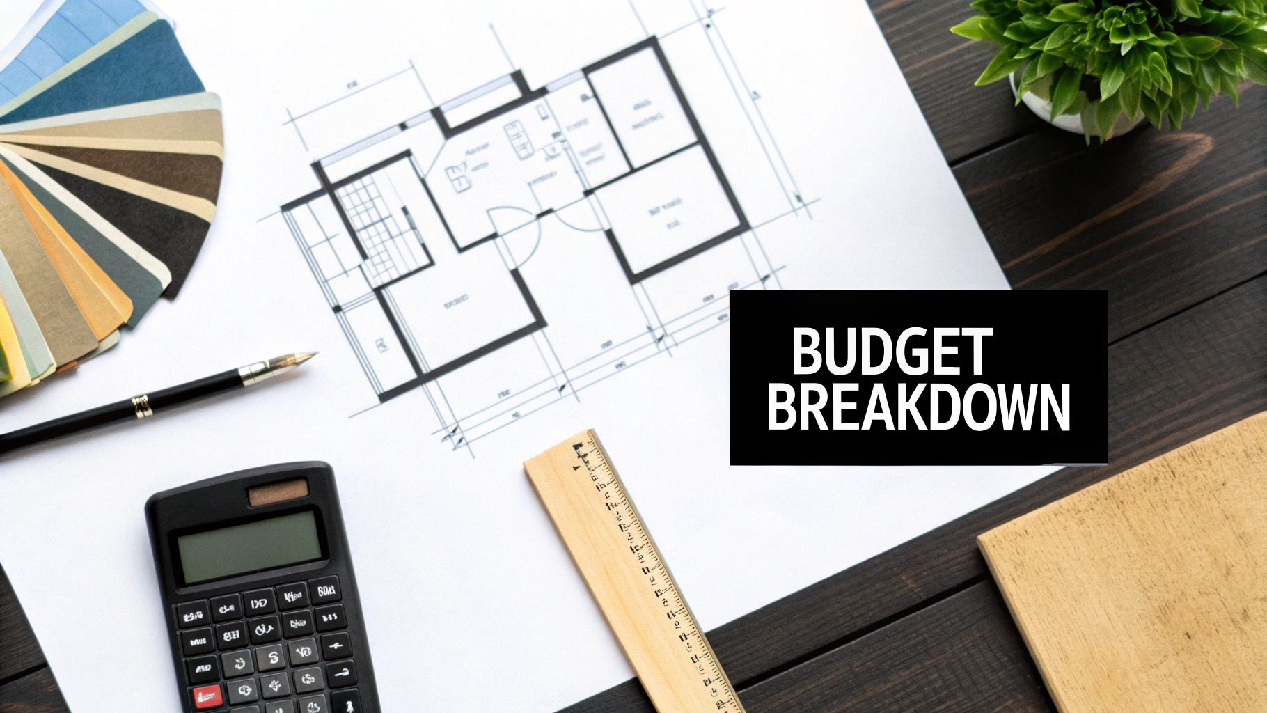 Overhead view of architectural plans, color swatches, and a calculator with 'Budget Breakdown' text.