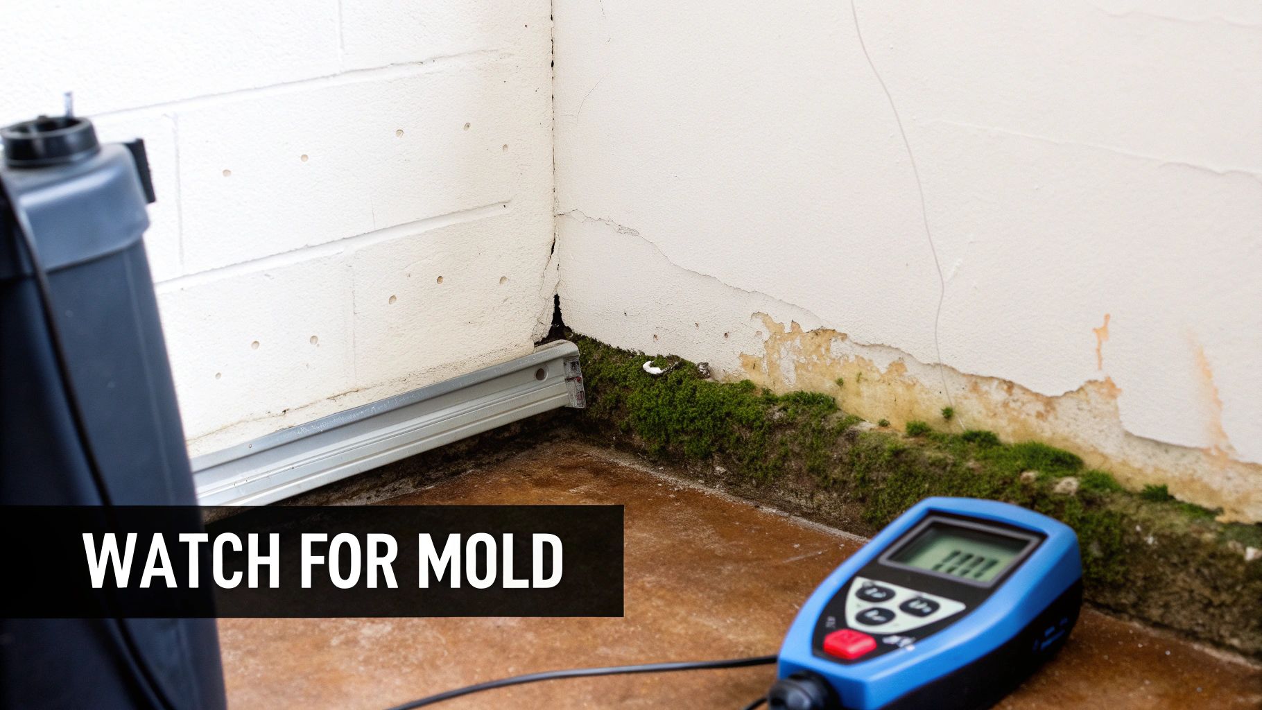 A basement corner shows water damage with peeling paint and mold. A moisture meter is on the floor.