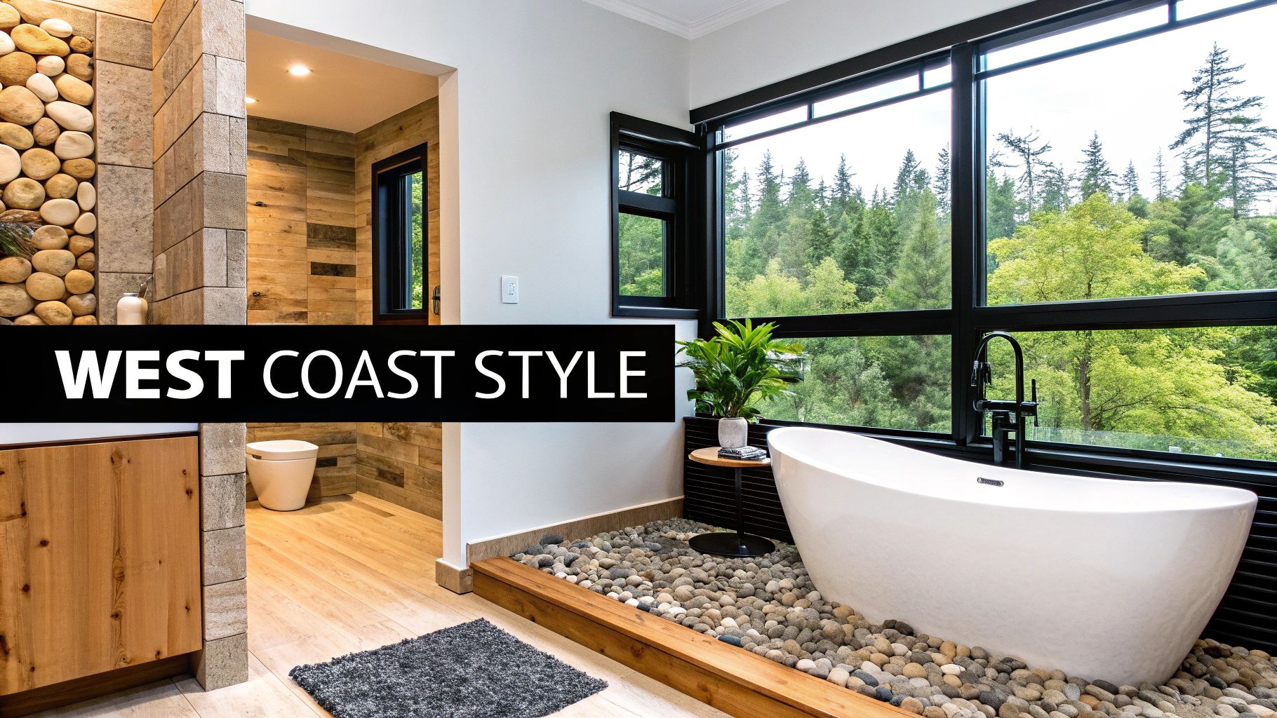 A luxurious West Coast style bathroom with a freestanding tub, large forest-view windows, and natural stone and wood accents.