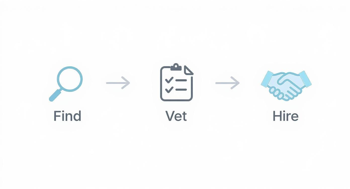 A graphic illustrating a three-step hiring process: Find, Vet, and Hire, with corresponding icons.