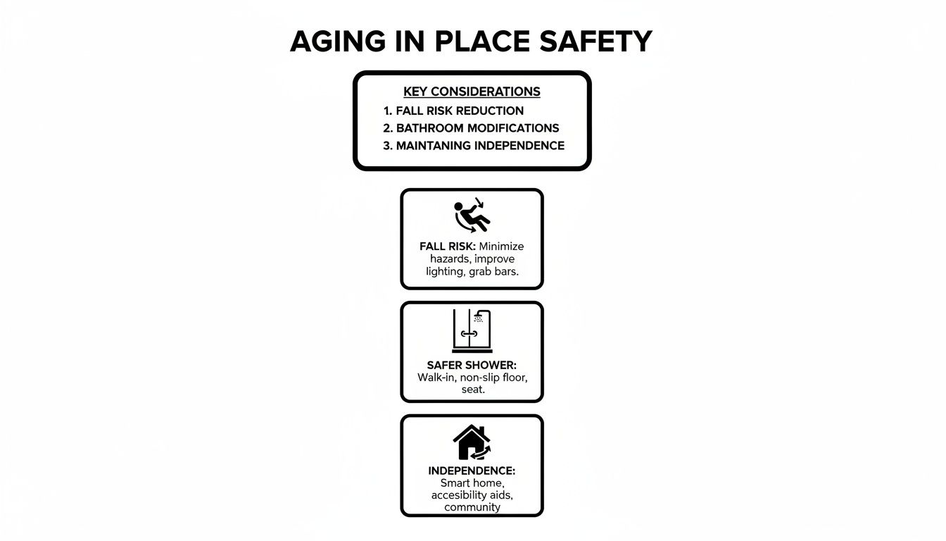 Infographic outlining key considerations for aging in place safety: fall risk, bathroom modifications, and maintaining independence.