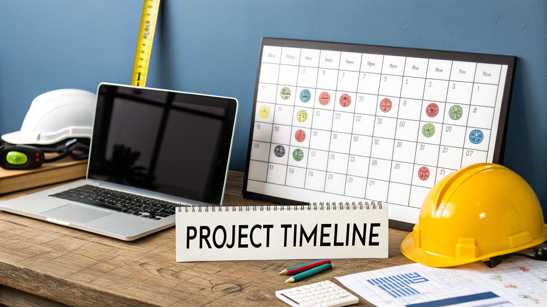 A desk with construction safety hats, a laptop, and a calendar for project timeline planning.