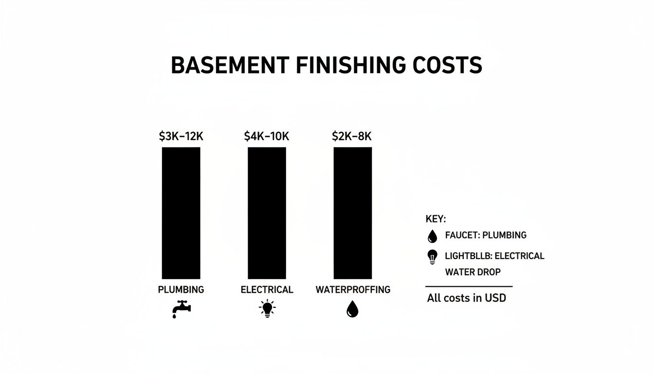 Bar chart displaying basement finishing costs: plumbing ($3K-12K), electrical ($4K-10K), and water-proofing ($2K-8K) in USD.