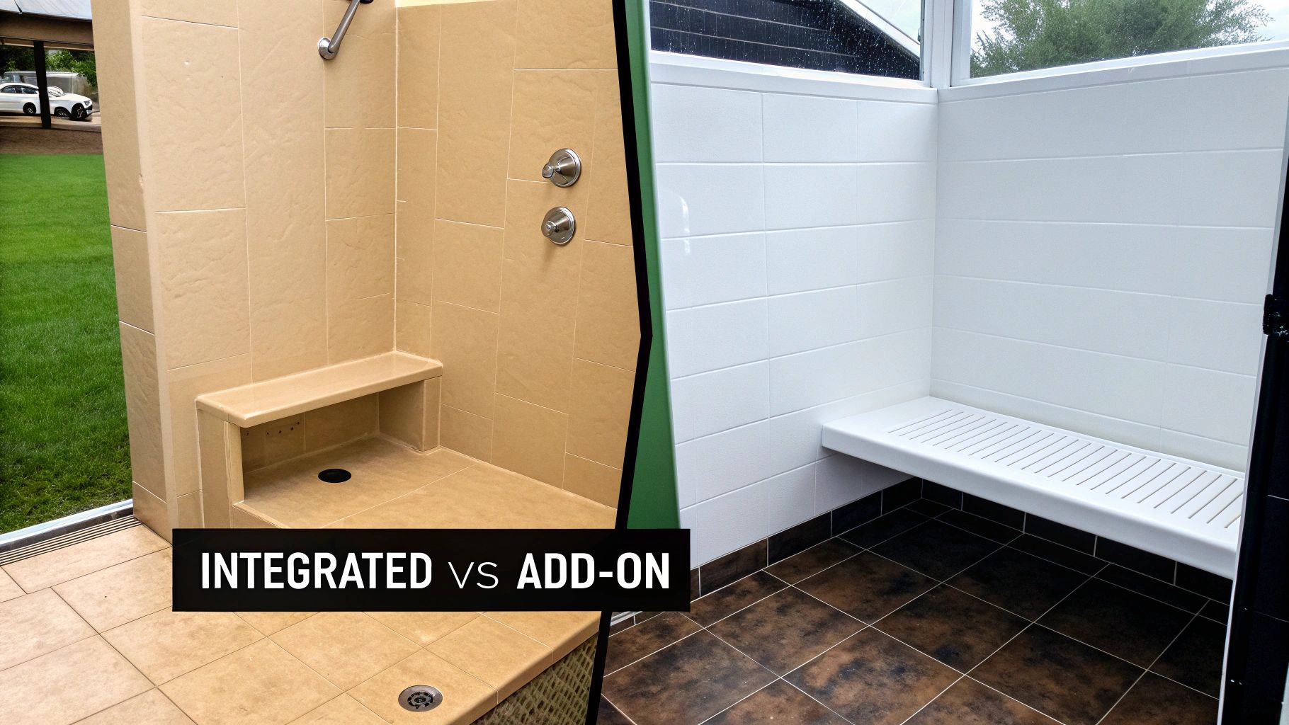 Modern shower with a seamless, built-in seat.