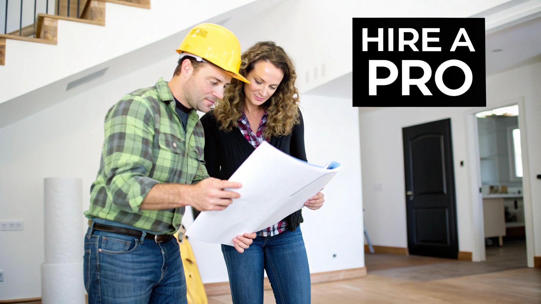 Construction worker and woman in hard hat reviewing blueprints for a home renovation project.