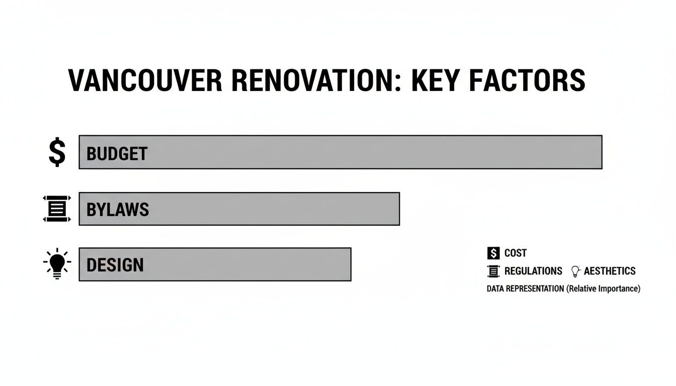 Bar chart illustrating key factors for Vancouver renovations: budget, bylaws, and design, with budget as most important.